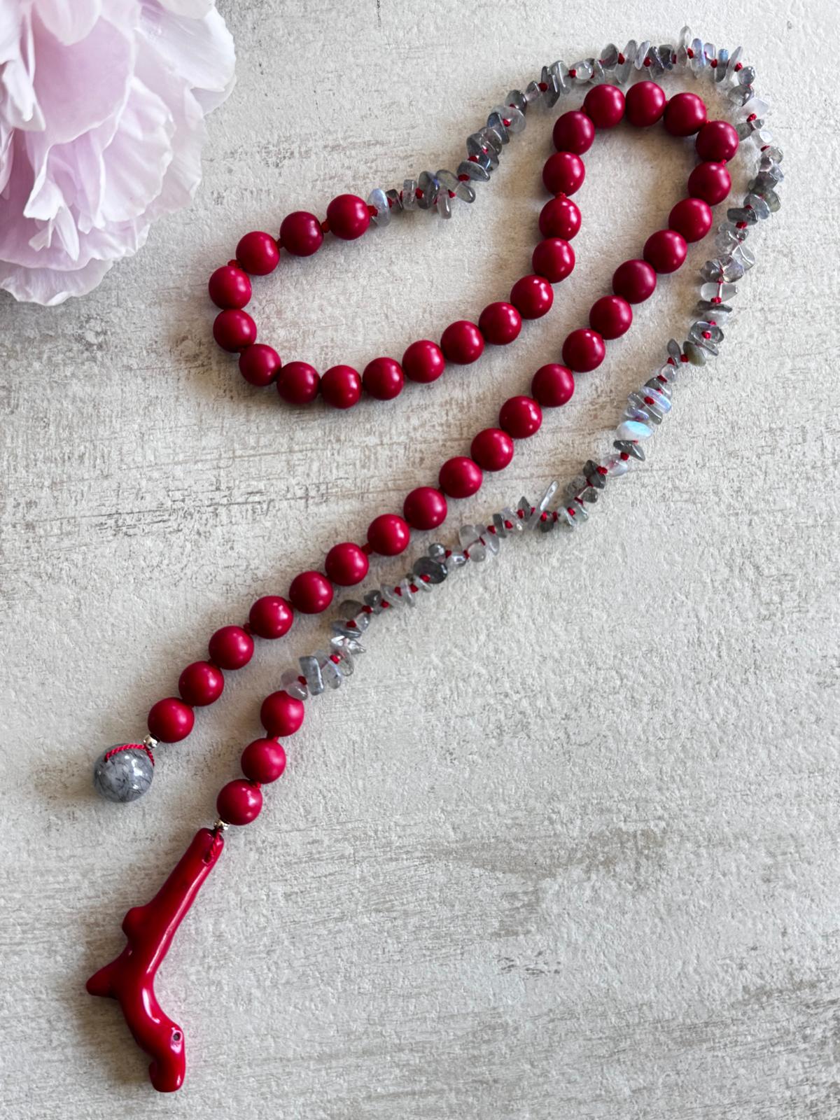 Vermilion · No. 059 — Labradorite, red howlite & coral lariat