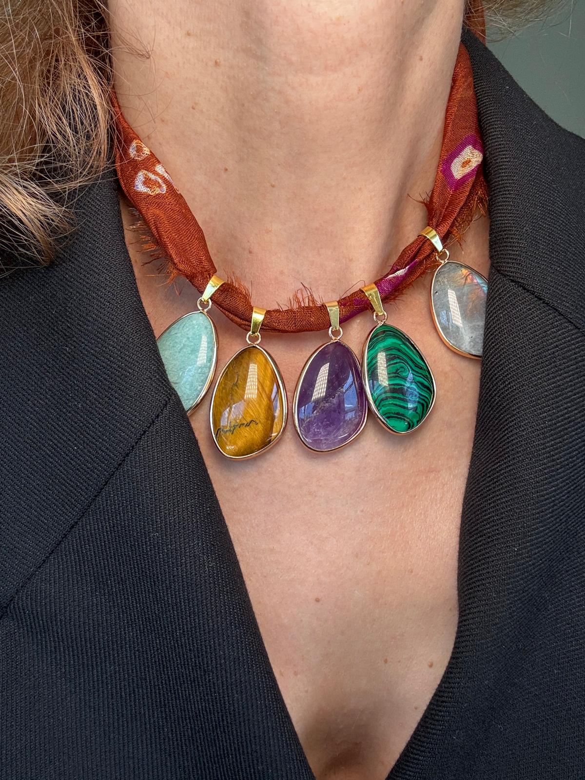 Close view of the necklace worn over a black jacket, the labradorite flashing blue and orange