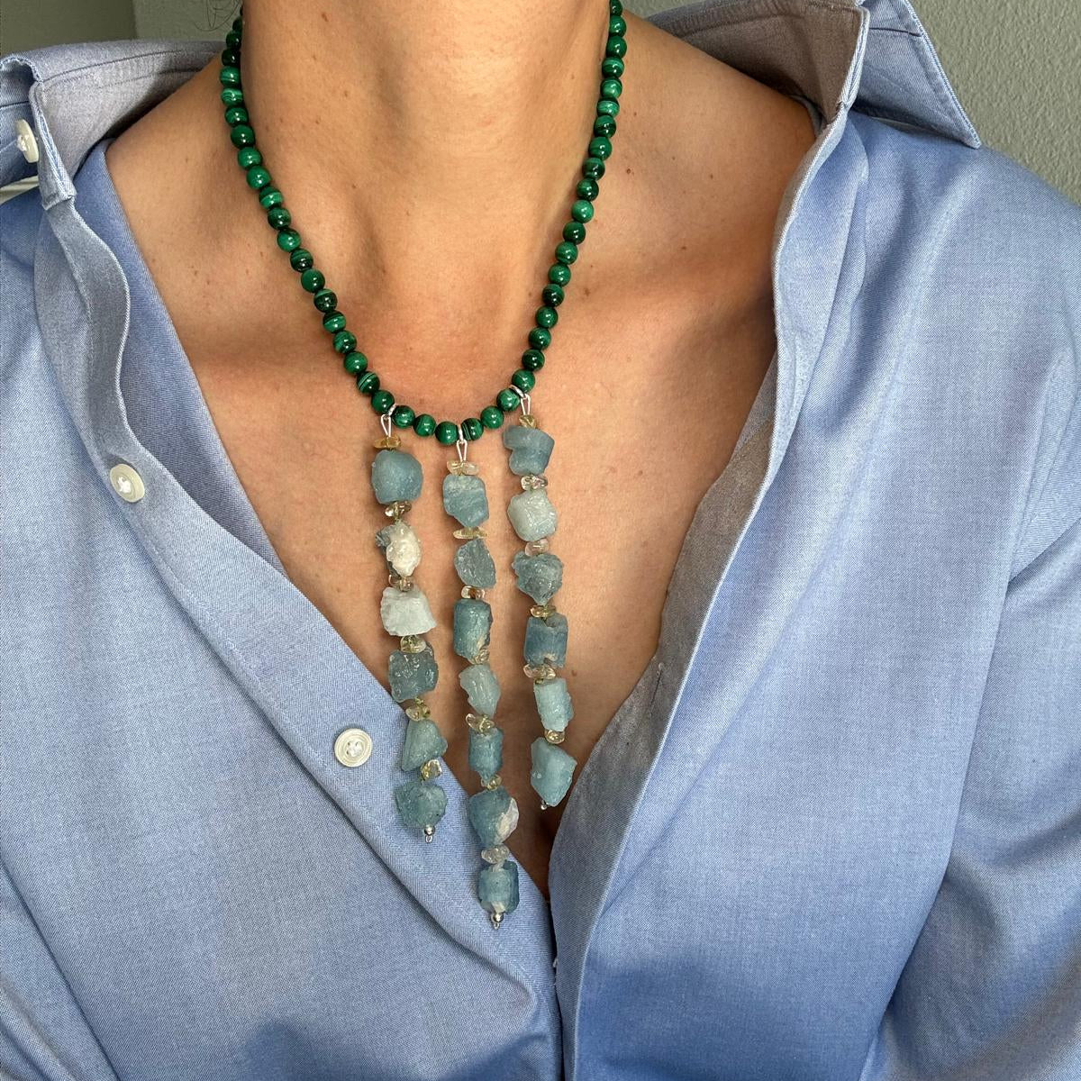 Malachite Necklace with Raw Aquamarine and Citrine Drop Necklace
