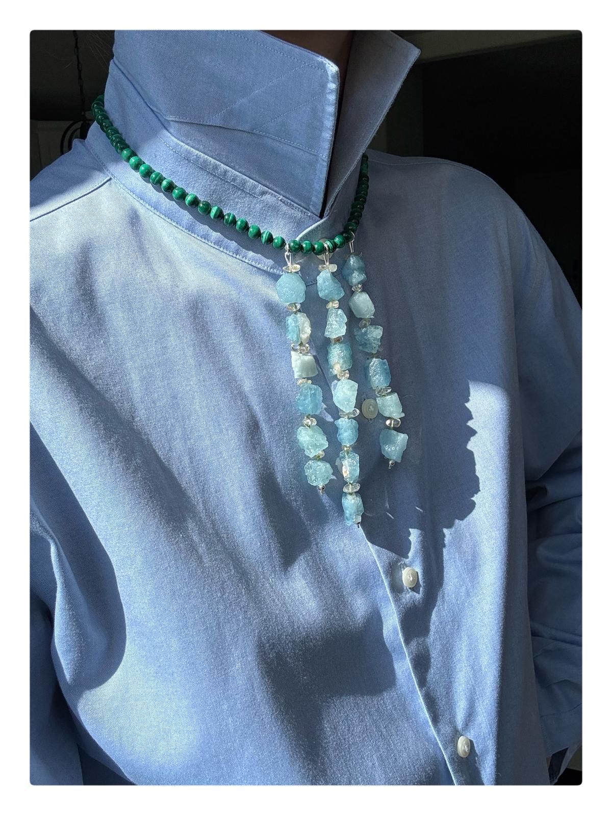 Malachite Necklace with Raw Aquamarine and Citrine Drop Necklace