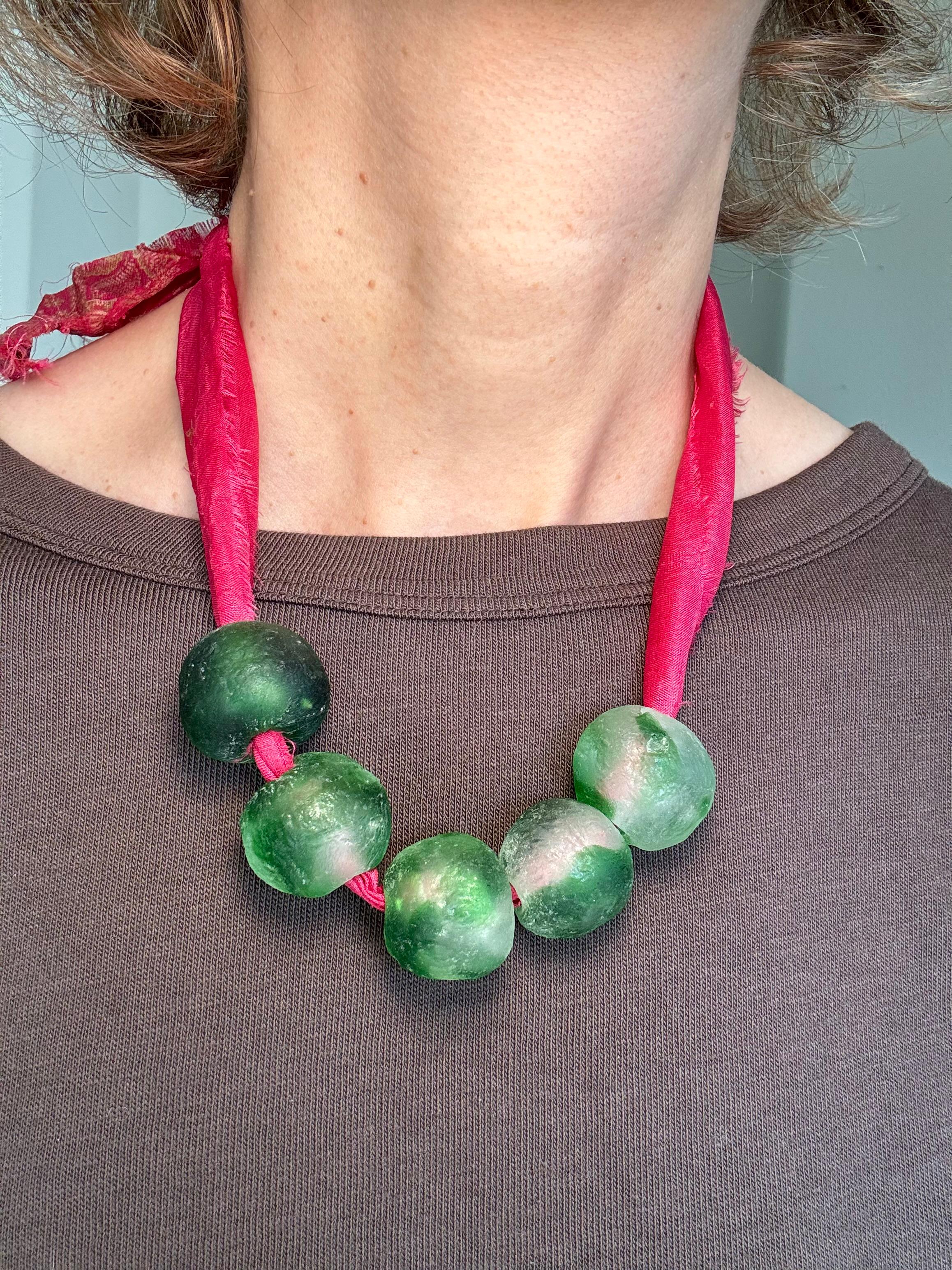 Recycled Glass Bead Necklace with Vintage Sari Silk