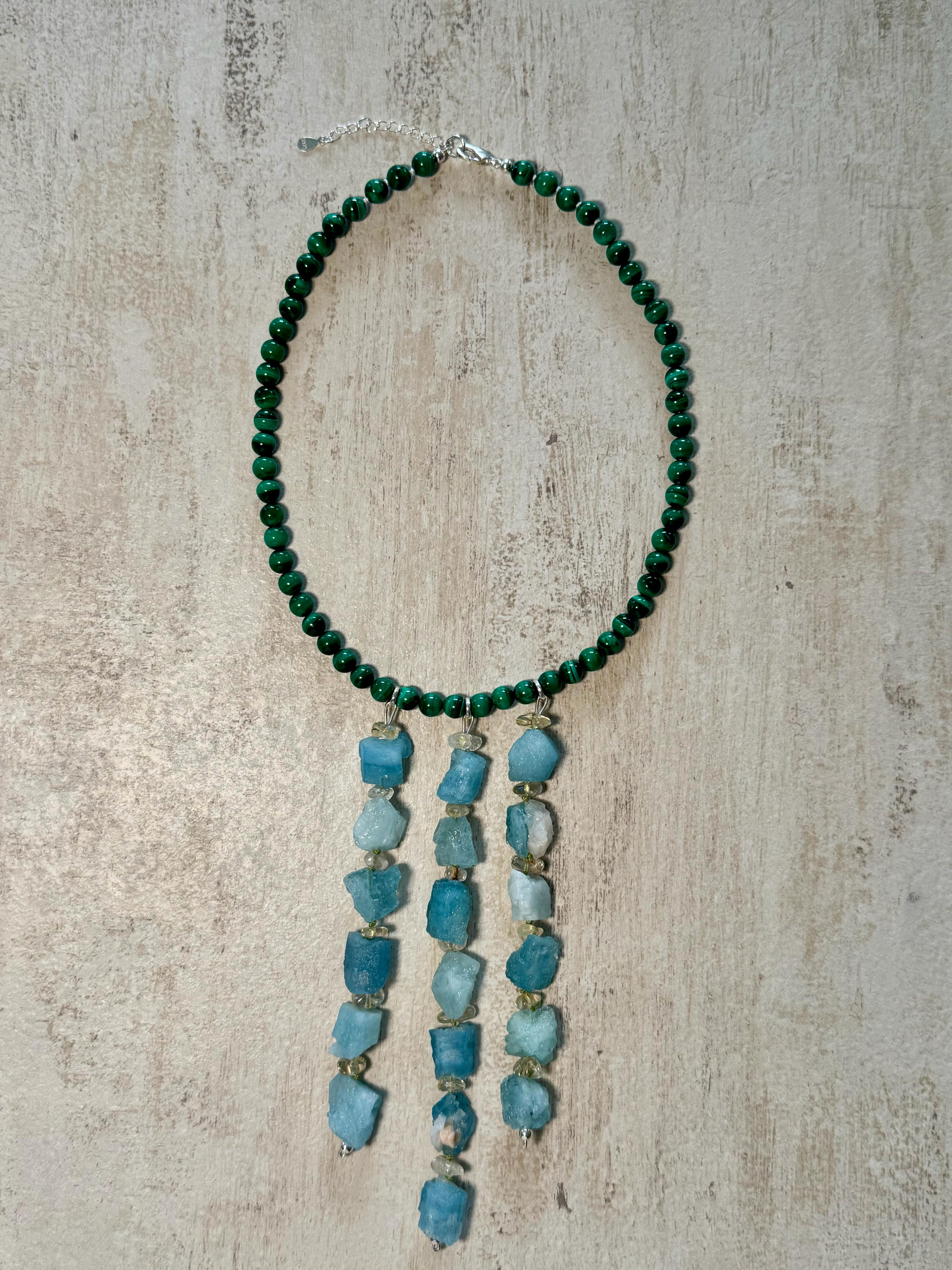 Malachite Necklace with Raw Aquamarine and Citrine Drop Necklace