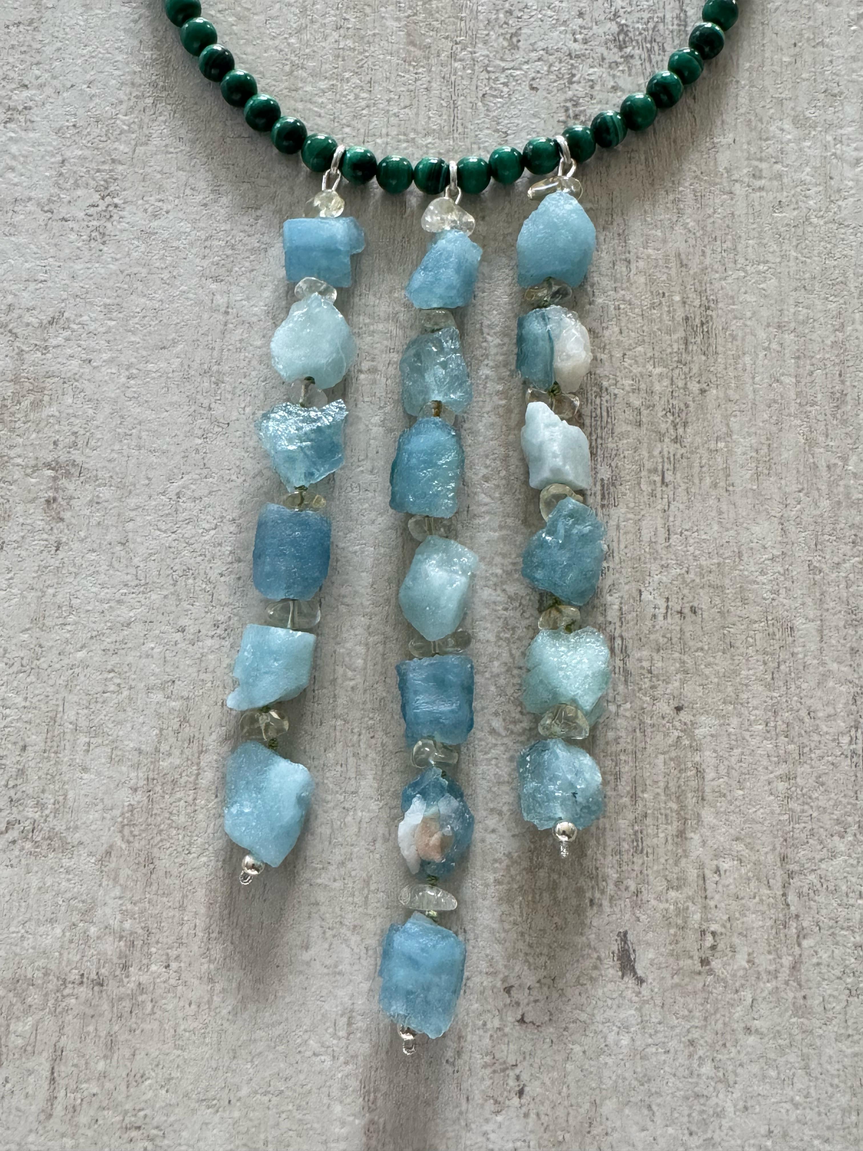 Malachite Necklace with Raw Aquamarine and Citrine Drop Necklace
