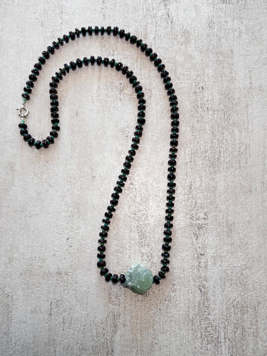 Rosehip · No. 067 — Garnet, green turquoise & raw prehnite