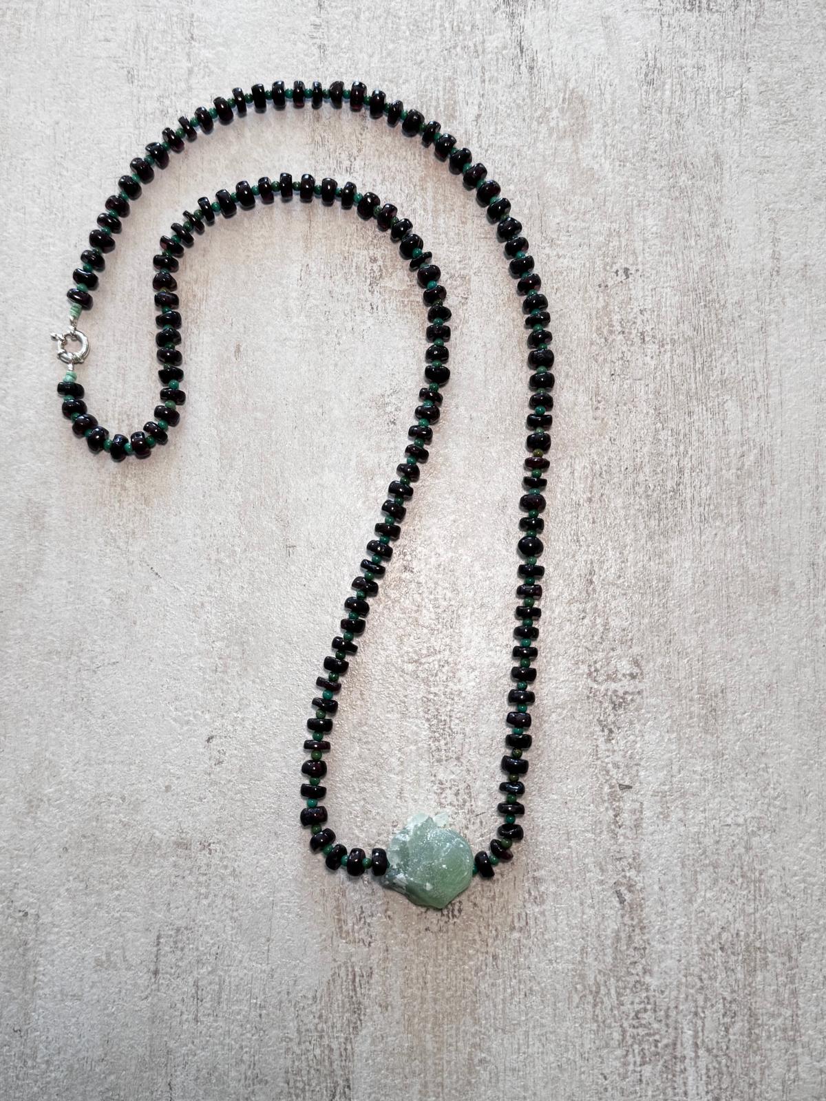 Rosehip · No. 067 — Garnet, green turquoise & raw prehnite