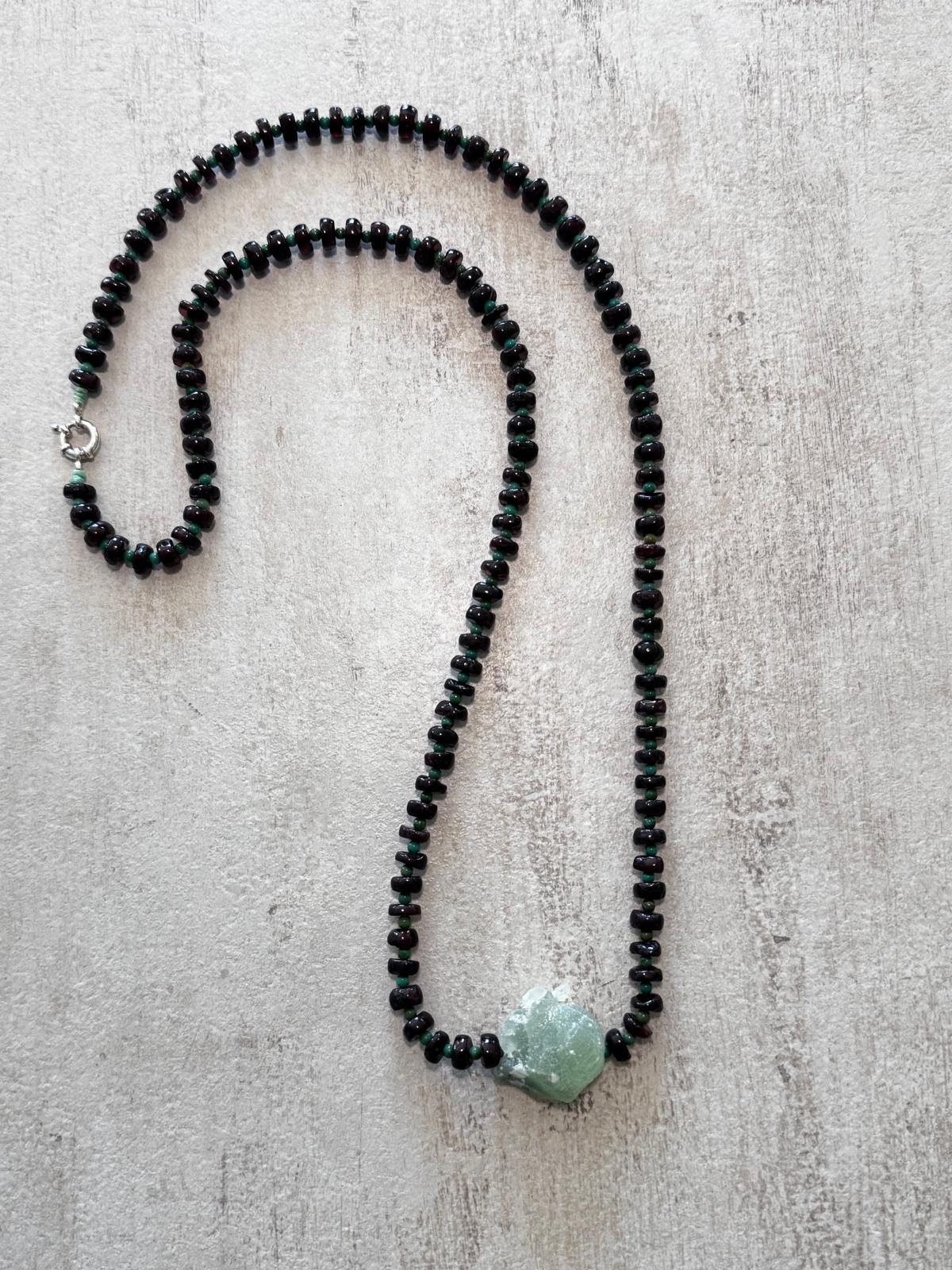 Rosehip · No. 067 — Garnet, green turquoise & raw prehnite