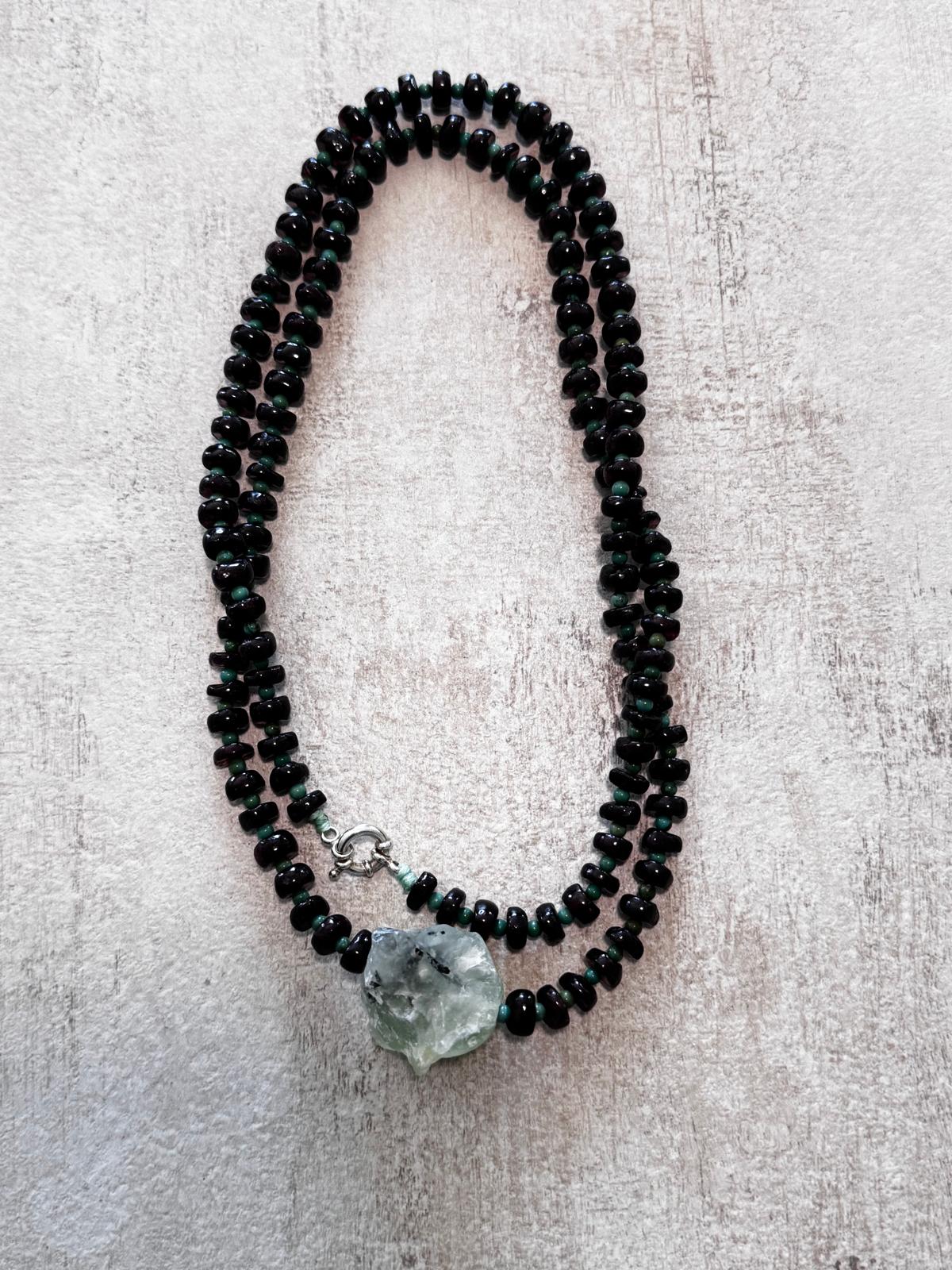 Rosehip · No. 067 — Garnet, green turquoise & raw prehnite