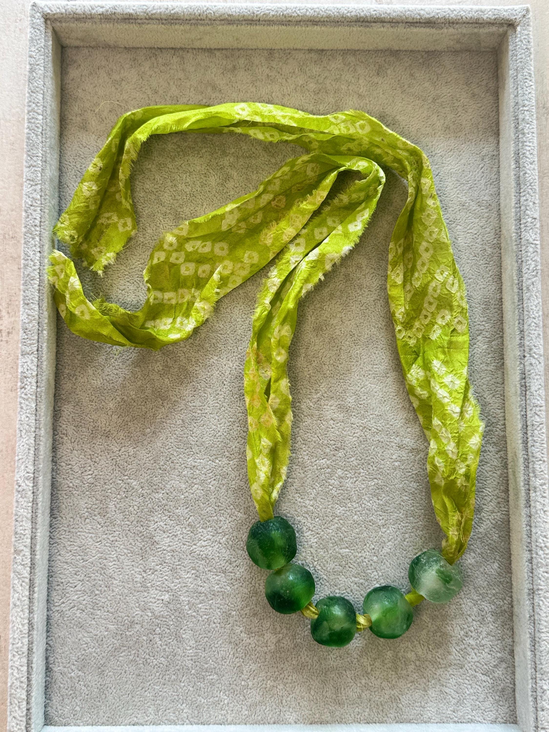 Recycled Glass Bead Necklace with Vintage Sari Silk
