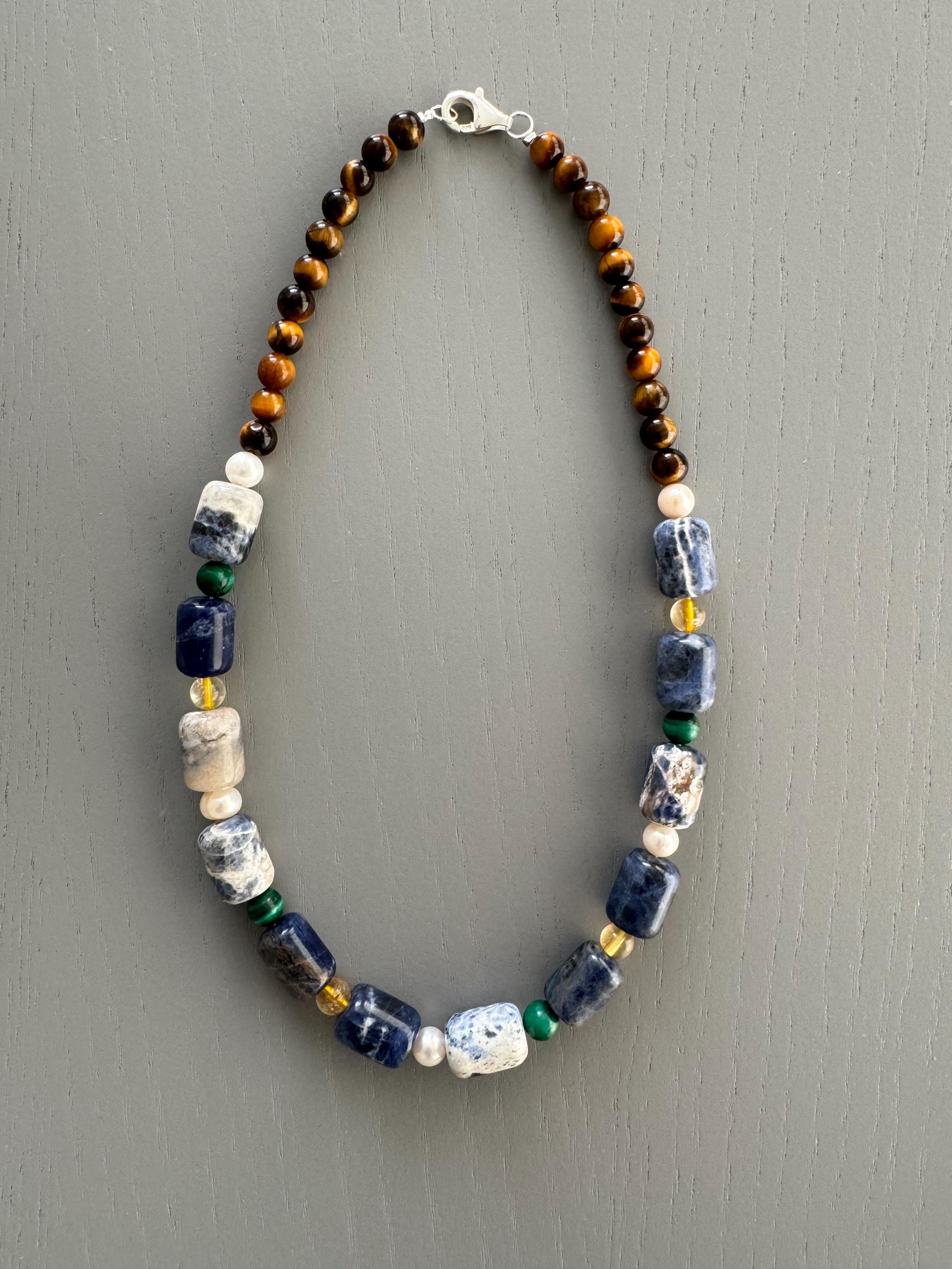 Five Stone Gemstone Necklace: Sodalite, Tiger's Eye, Pearl, Citrine, Malachite