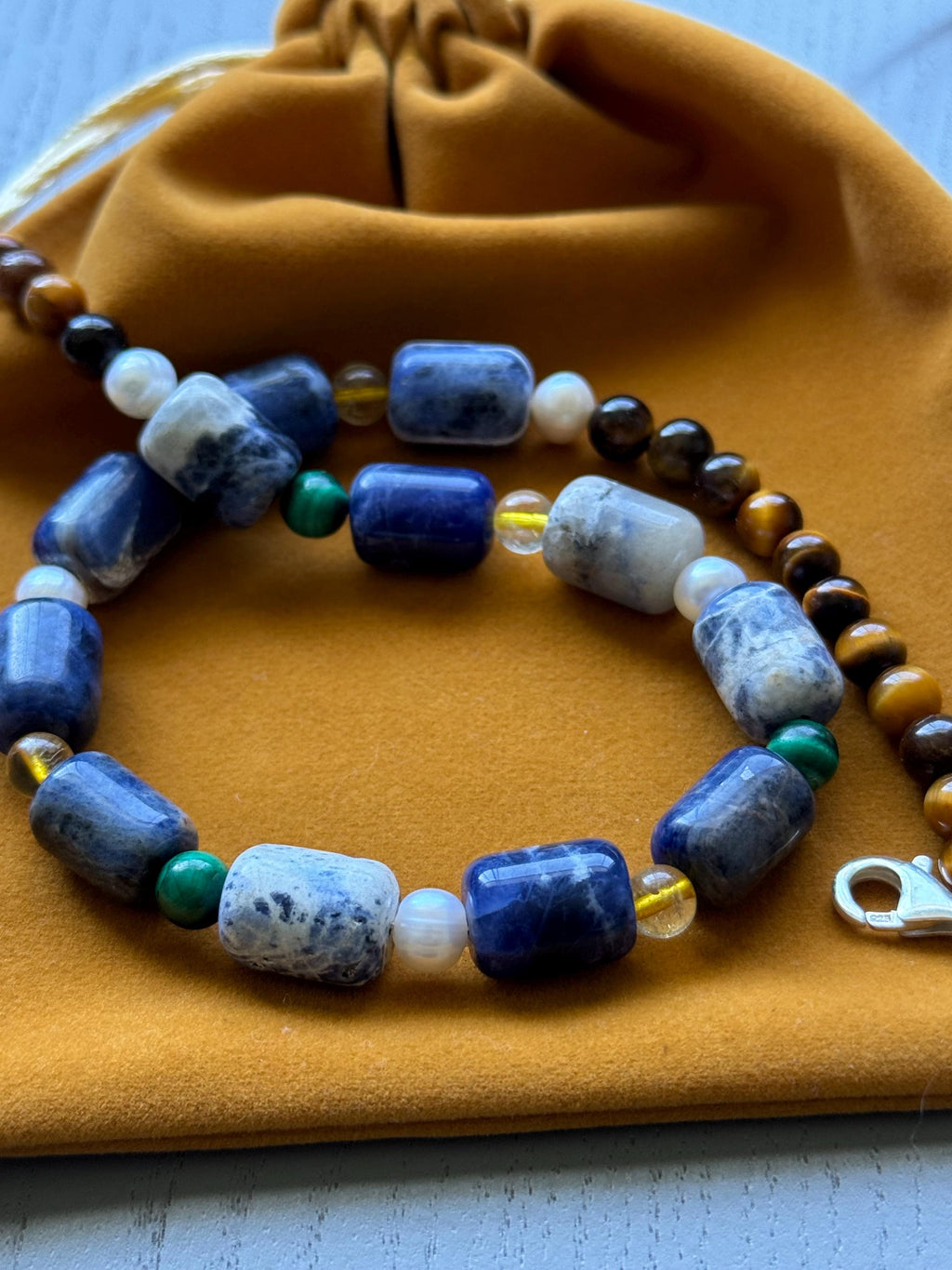 Five Stone Gemstone Necklace: Sodalite, Tiger's Eye, Pearl, Citrine, Malachite