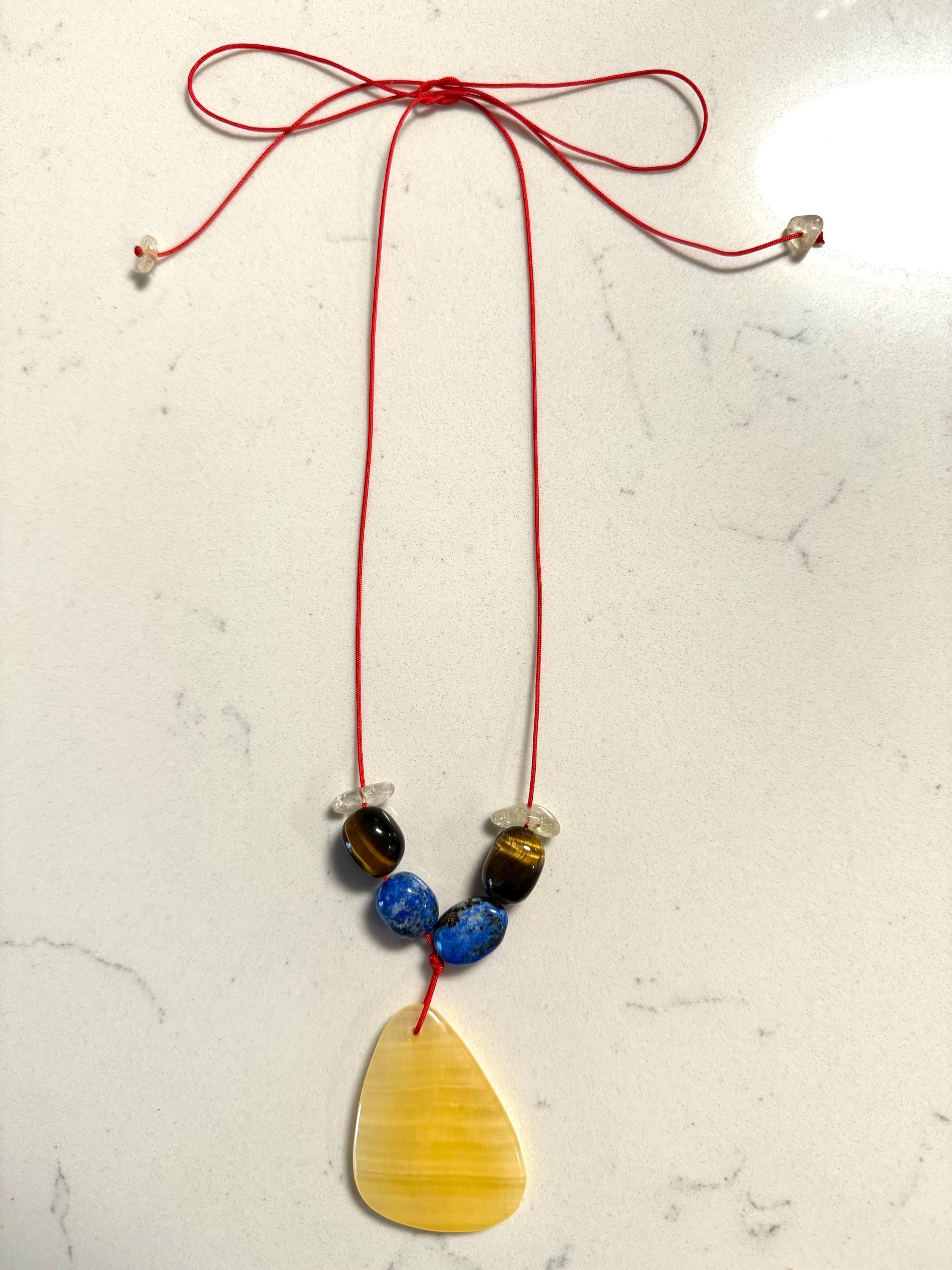 Yellow Calcite Tiger's Eye Lapis Citrine Pendant Necklace