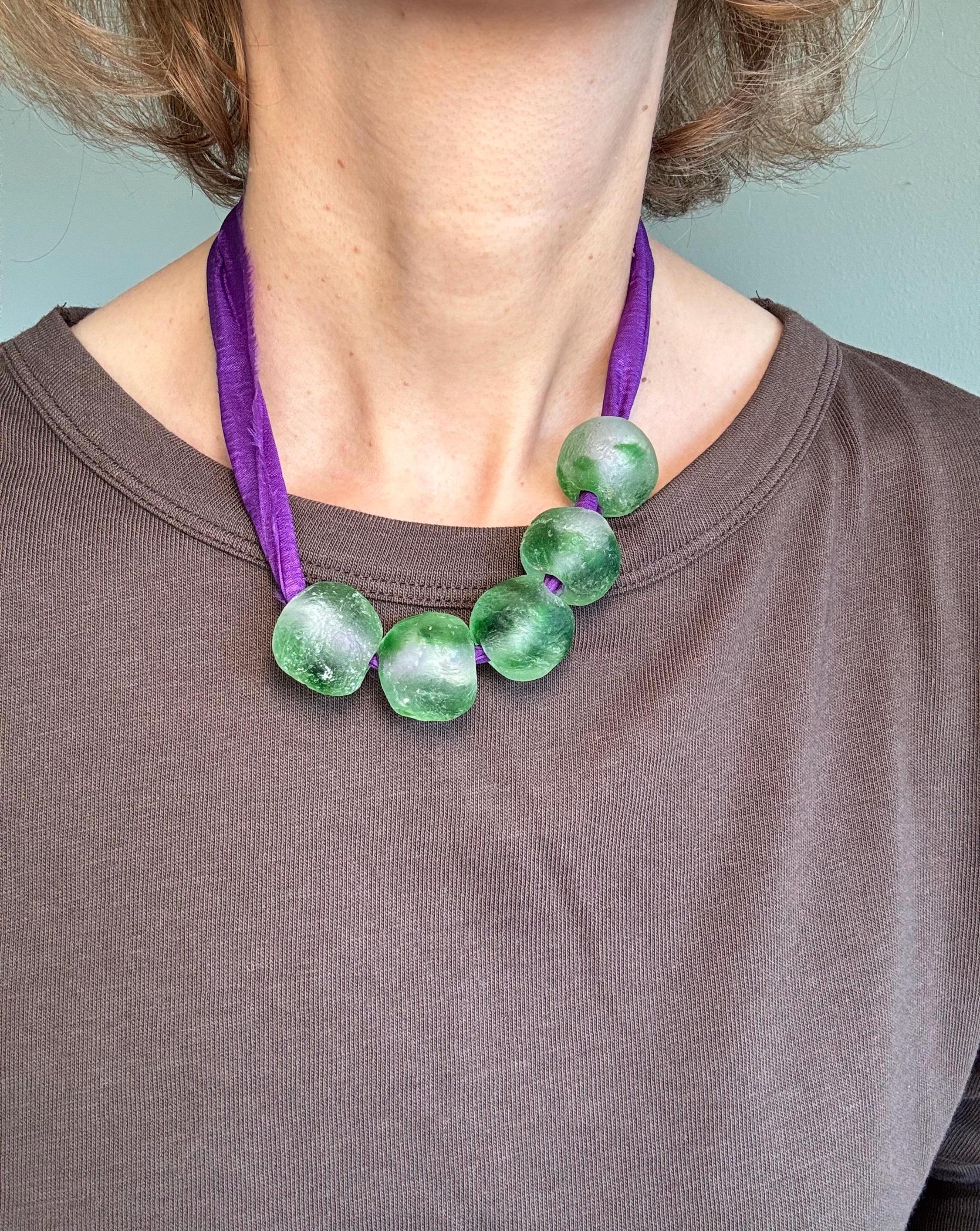 Recycled Glass Bead Necklace with Vintage Sari Silk