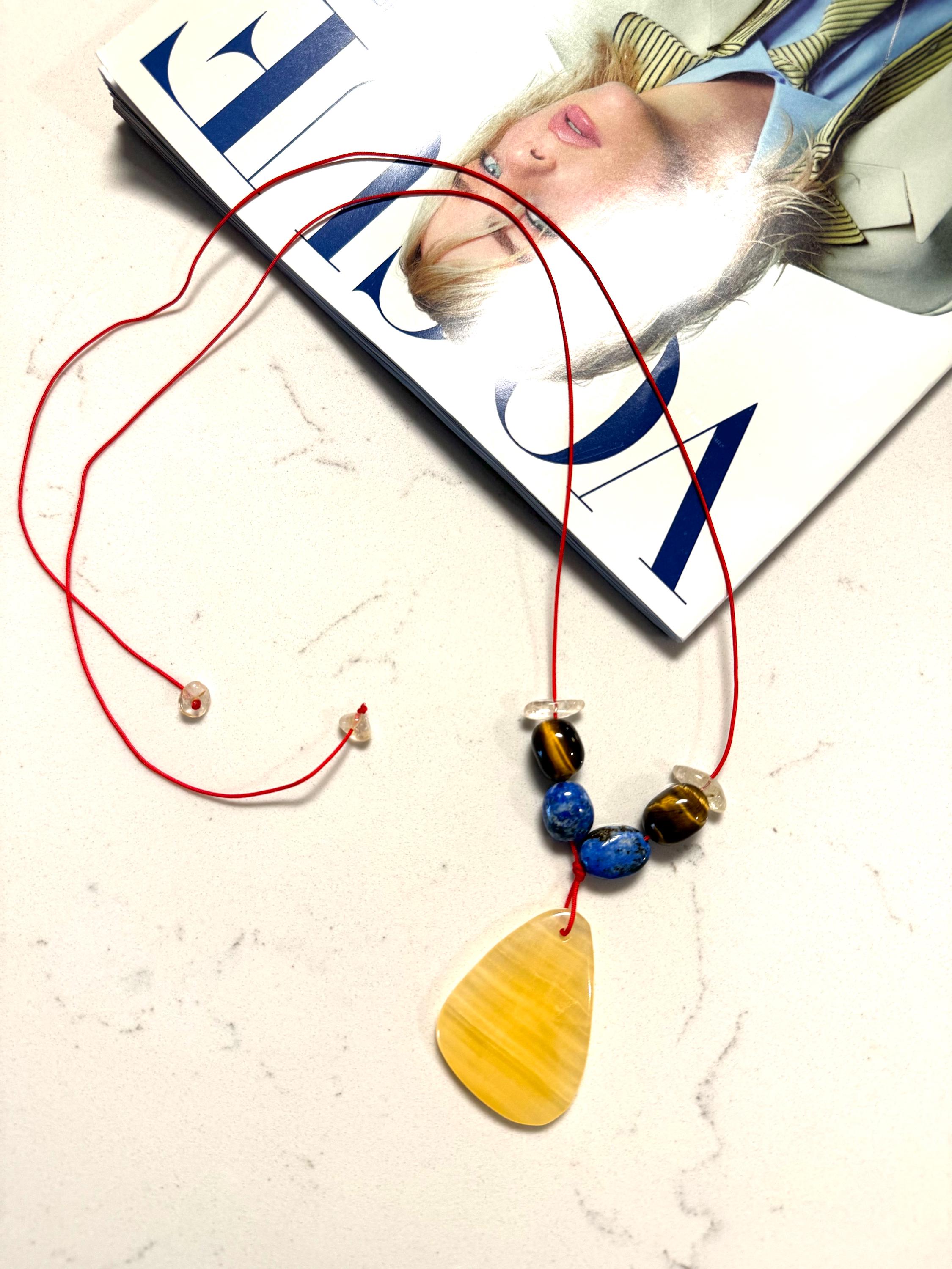 Yellow Calcite Tiger's Eye Lapis Citrine Pendant Necklace