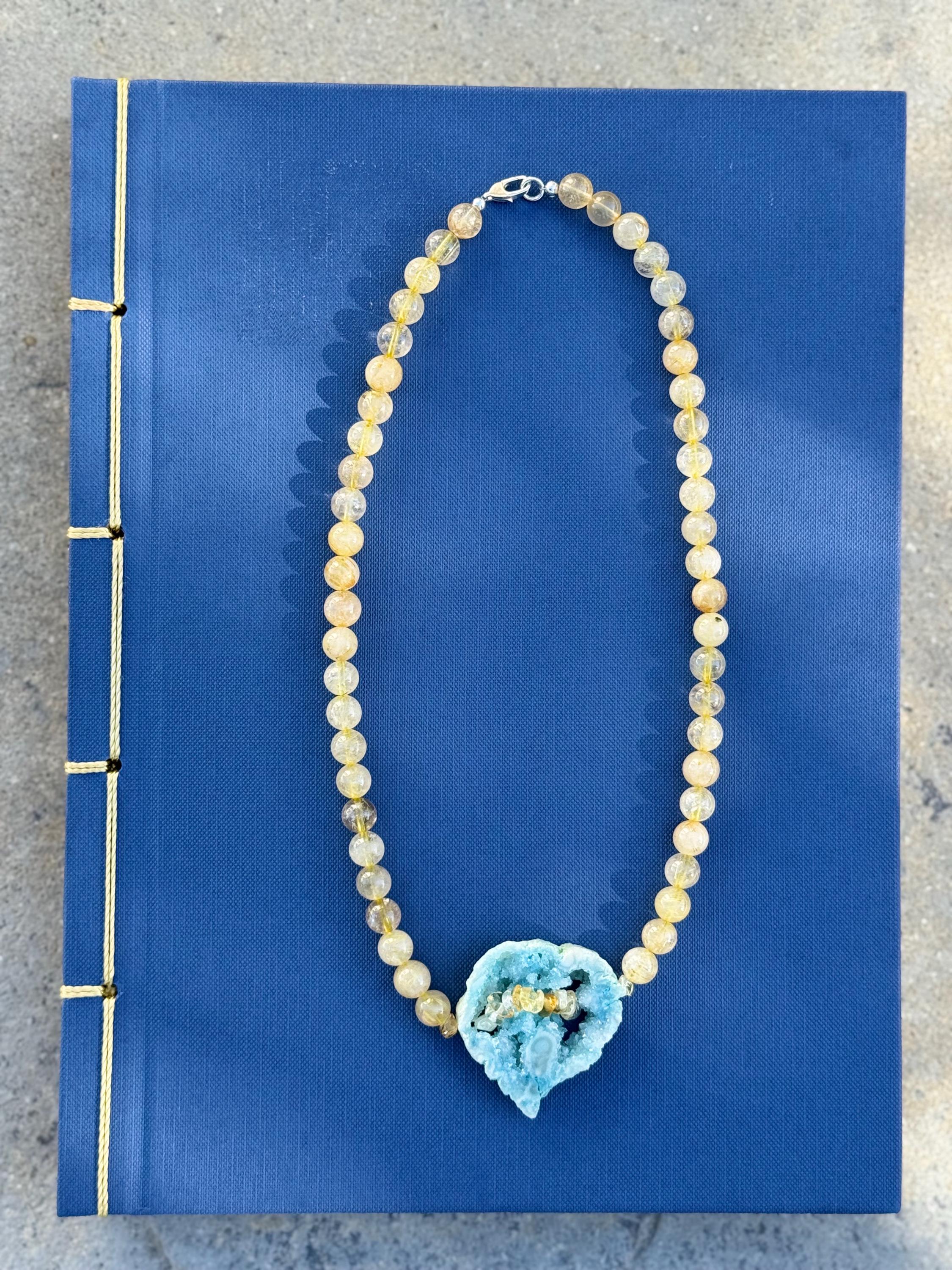 Rutilated Quartz Blue Druzy Heart Necklace