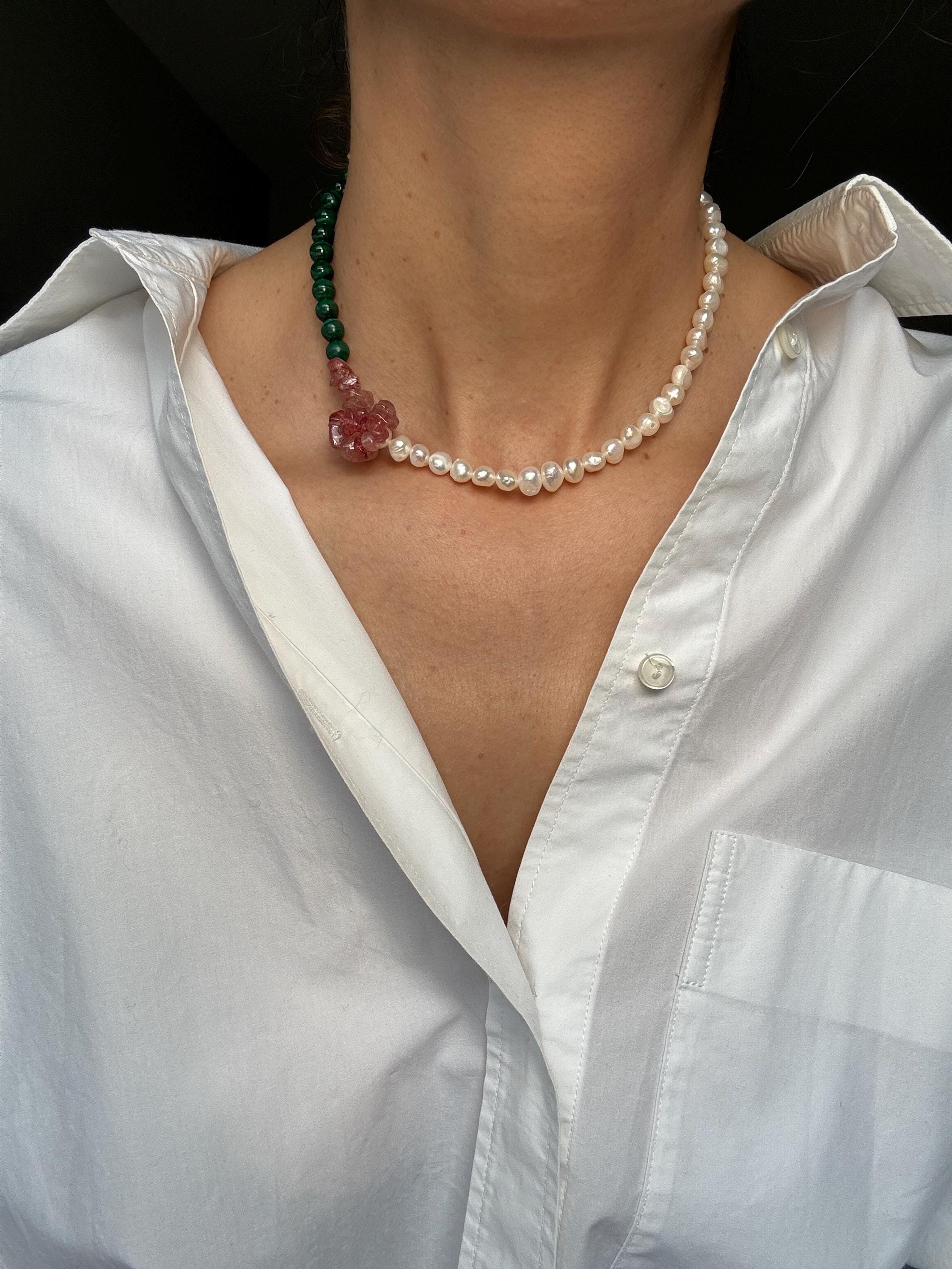 Malachite Pearl Strawberry Quartz Knotted Flower Necklace