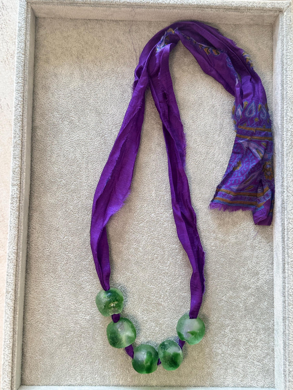 Recycled Glass Bead Necklace with Vintage Sari Silk