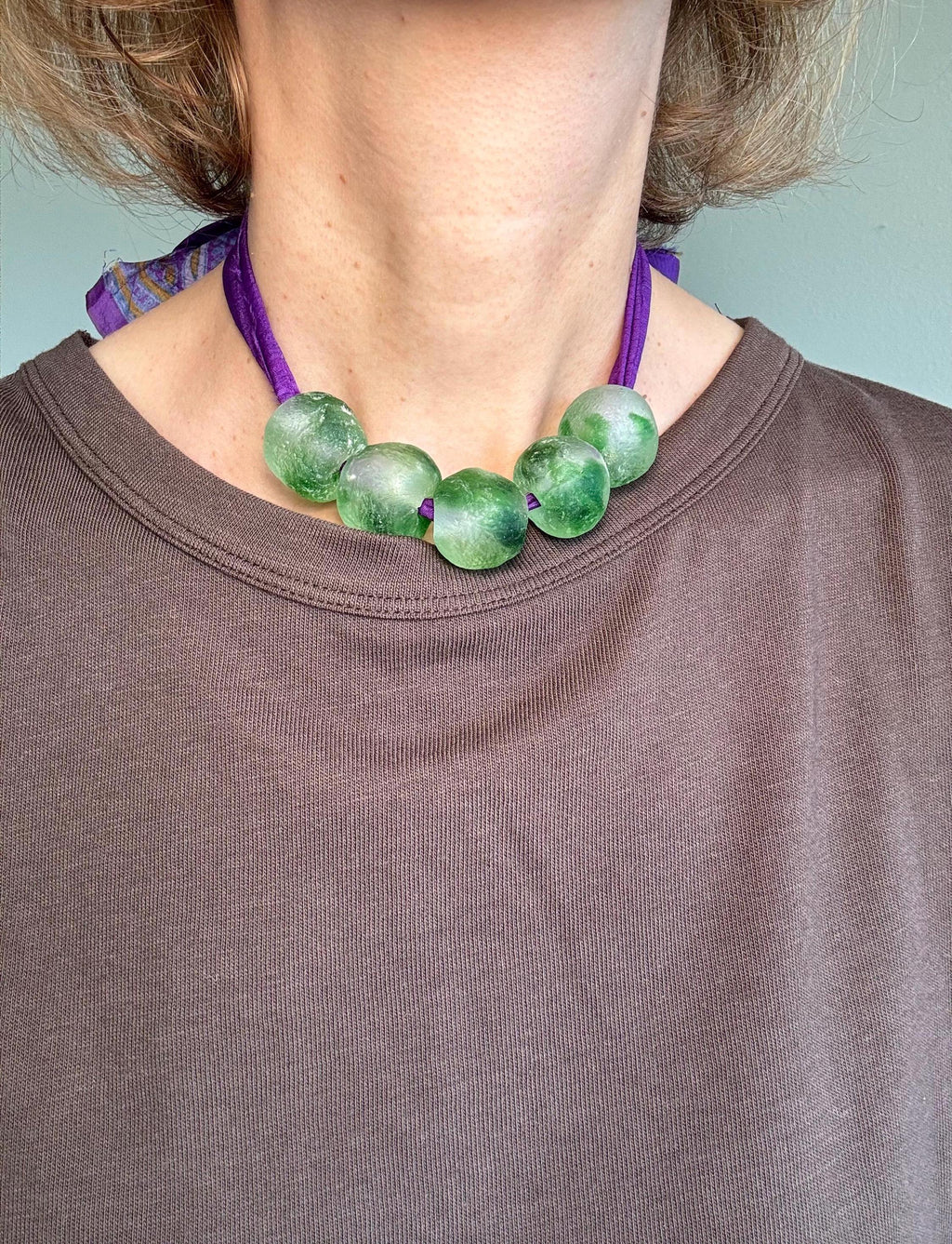 Recycled Glass Bead Necklace with Vintage Sari Silk