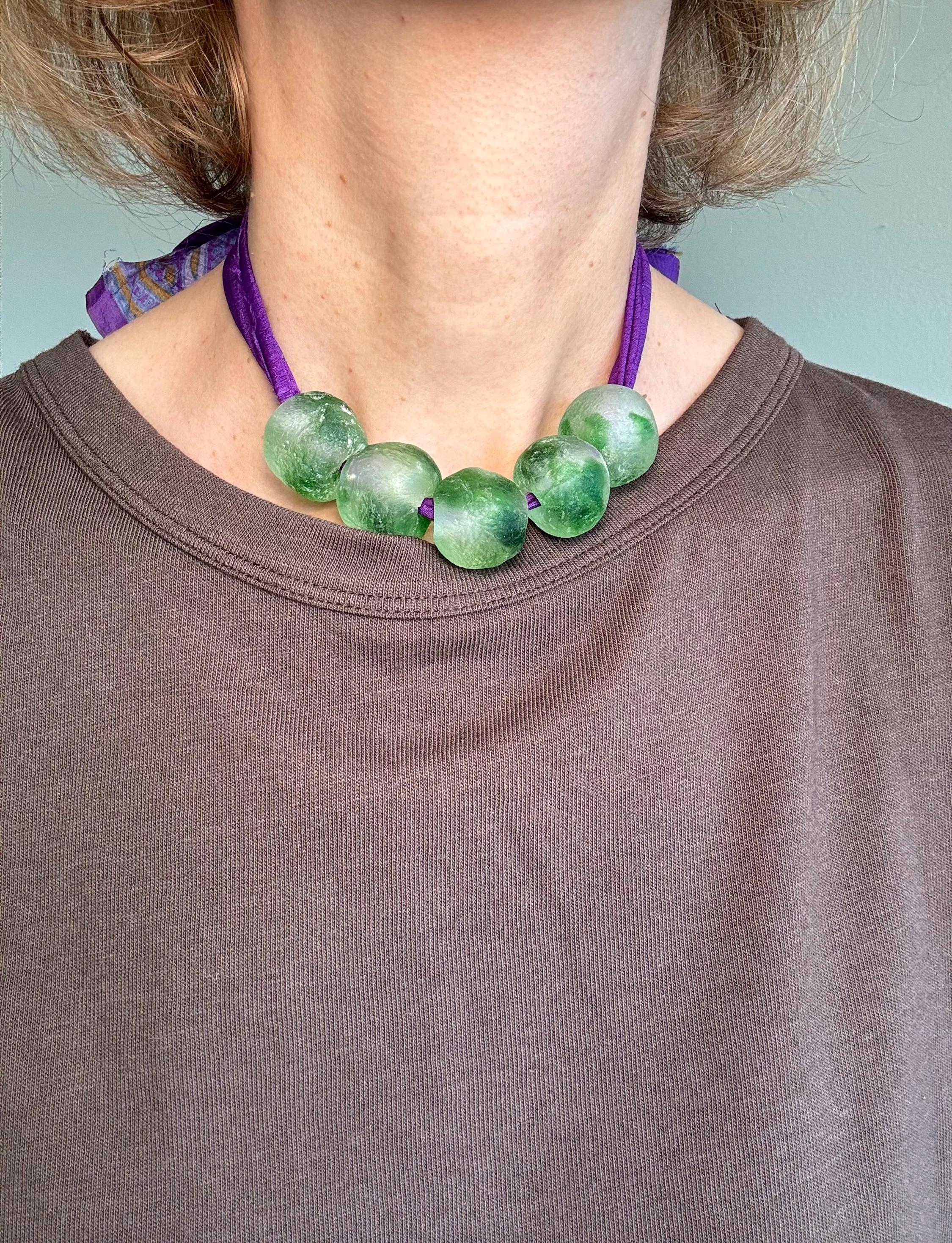 Recycled Glass Bead Necklace with Vintage Sari Silk
