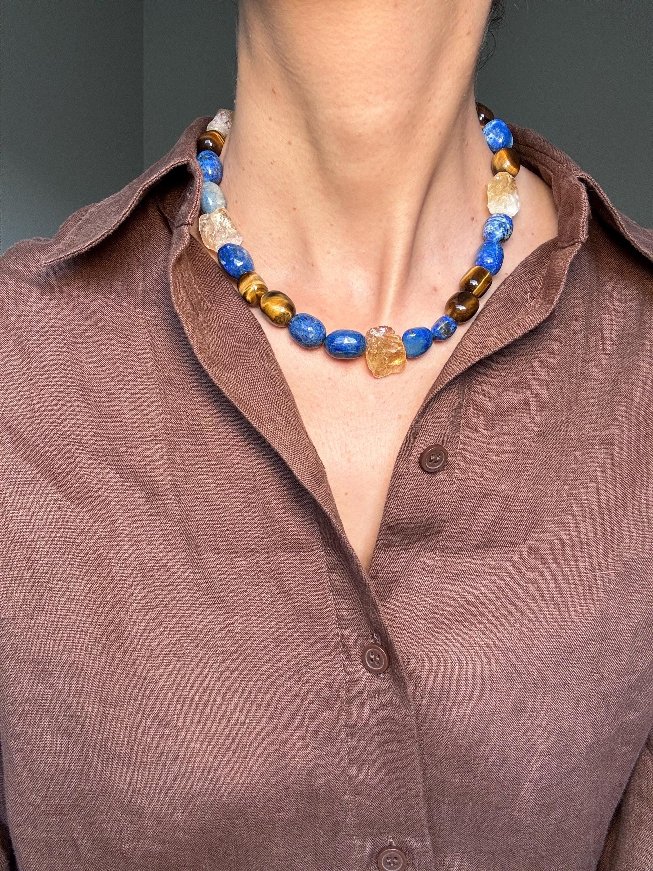 Lapis Lazuli, Tiger's Eye  Raw Citrine Necklace