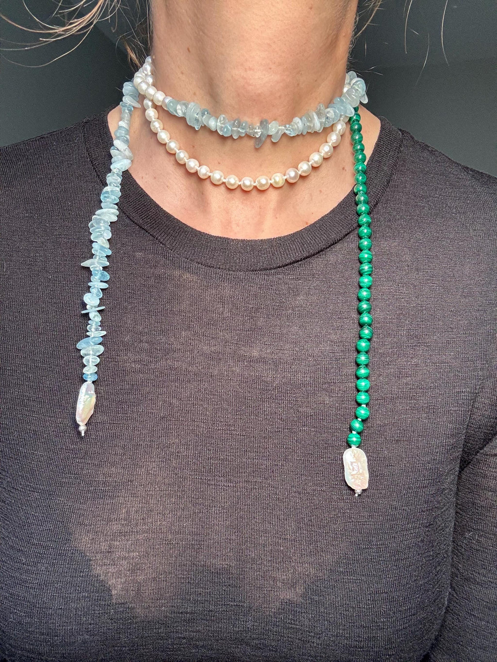 Pearl Malachite Aquamarine Coral Necklace