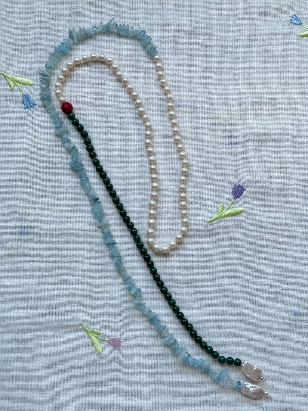Pearl Malachite Aquamarine Coral Necklace