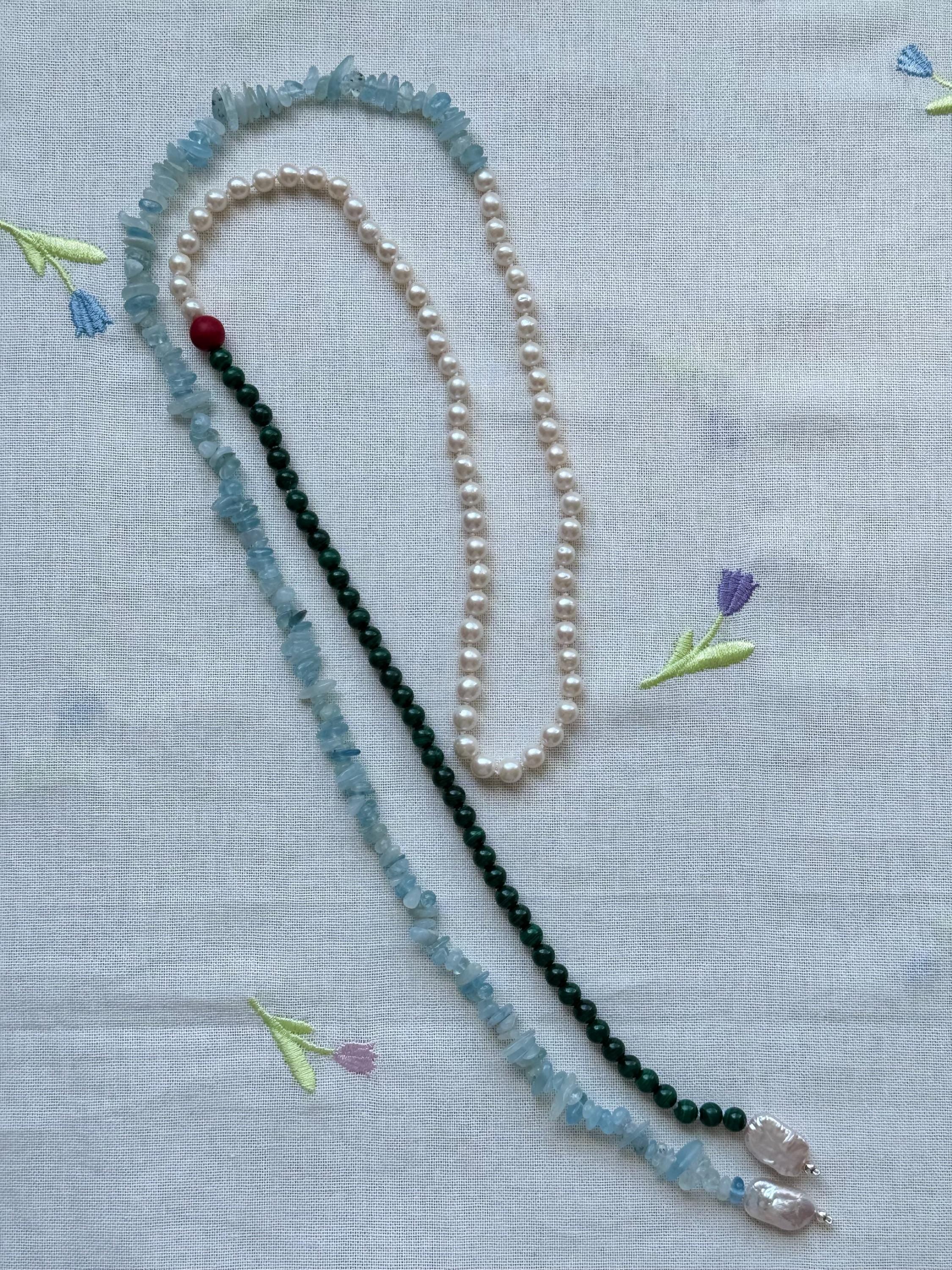 Pearl Malachite Aquamarine Coral Necklace