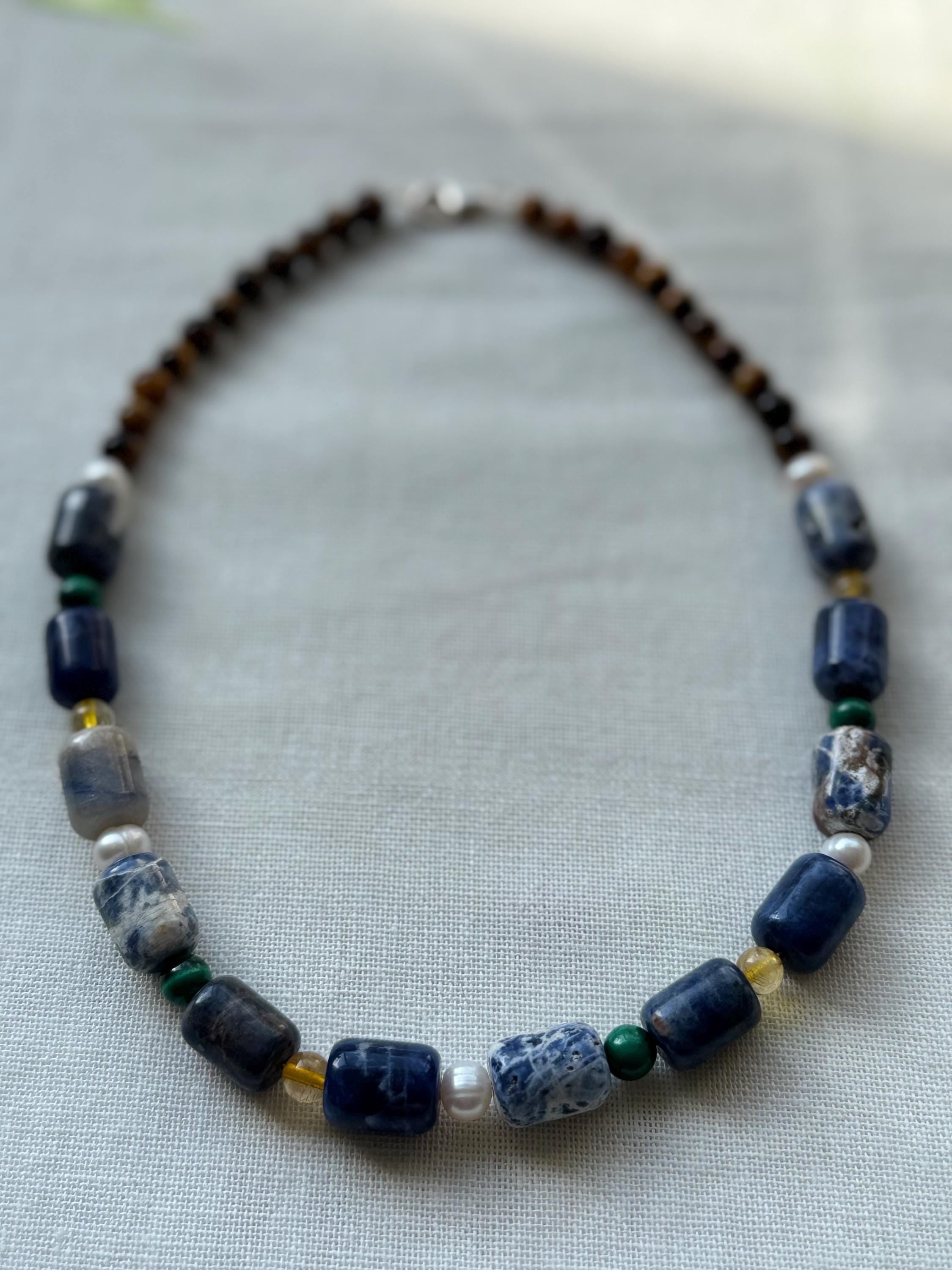 Five Stone Gemstone Necklace: Sodalite, Tiger's Eye, Pearl, Citrine, Malachite