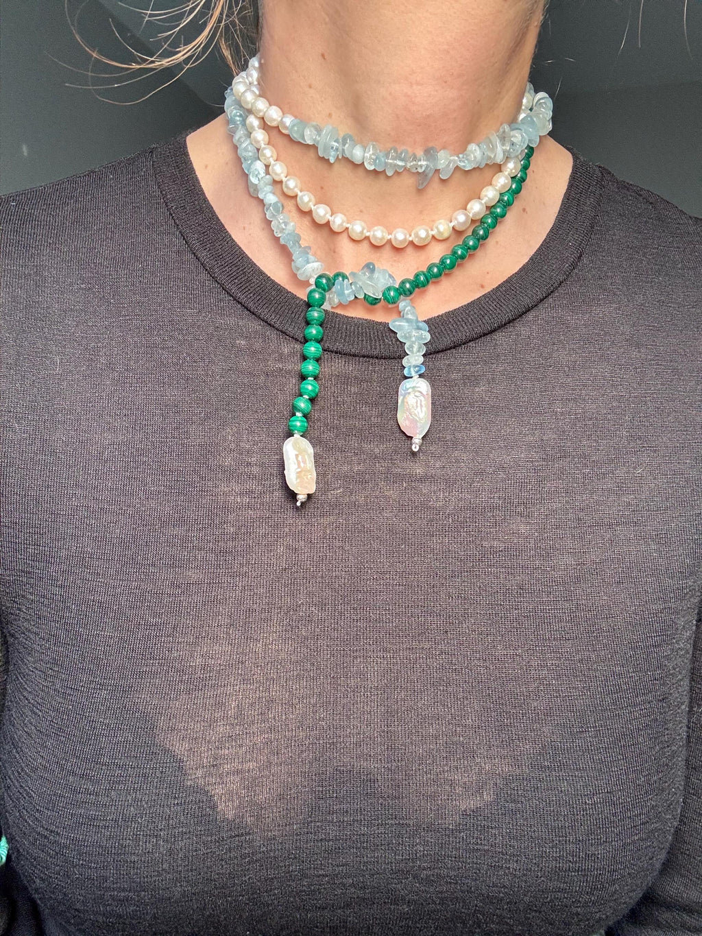 Pearl Malachite Aquamarine Coral Necklace