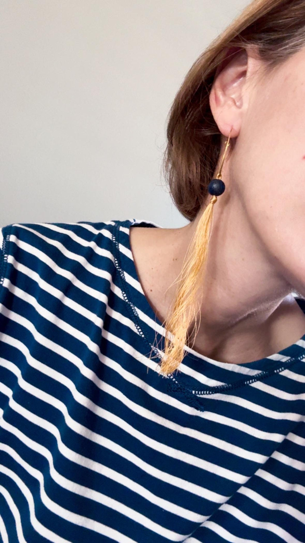 Lapis Lazuli Asymmetrical Earrings with Gold Silk Thread