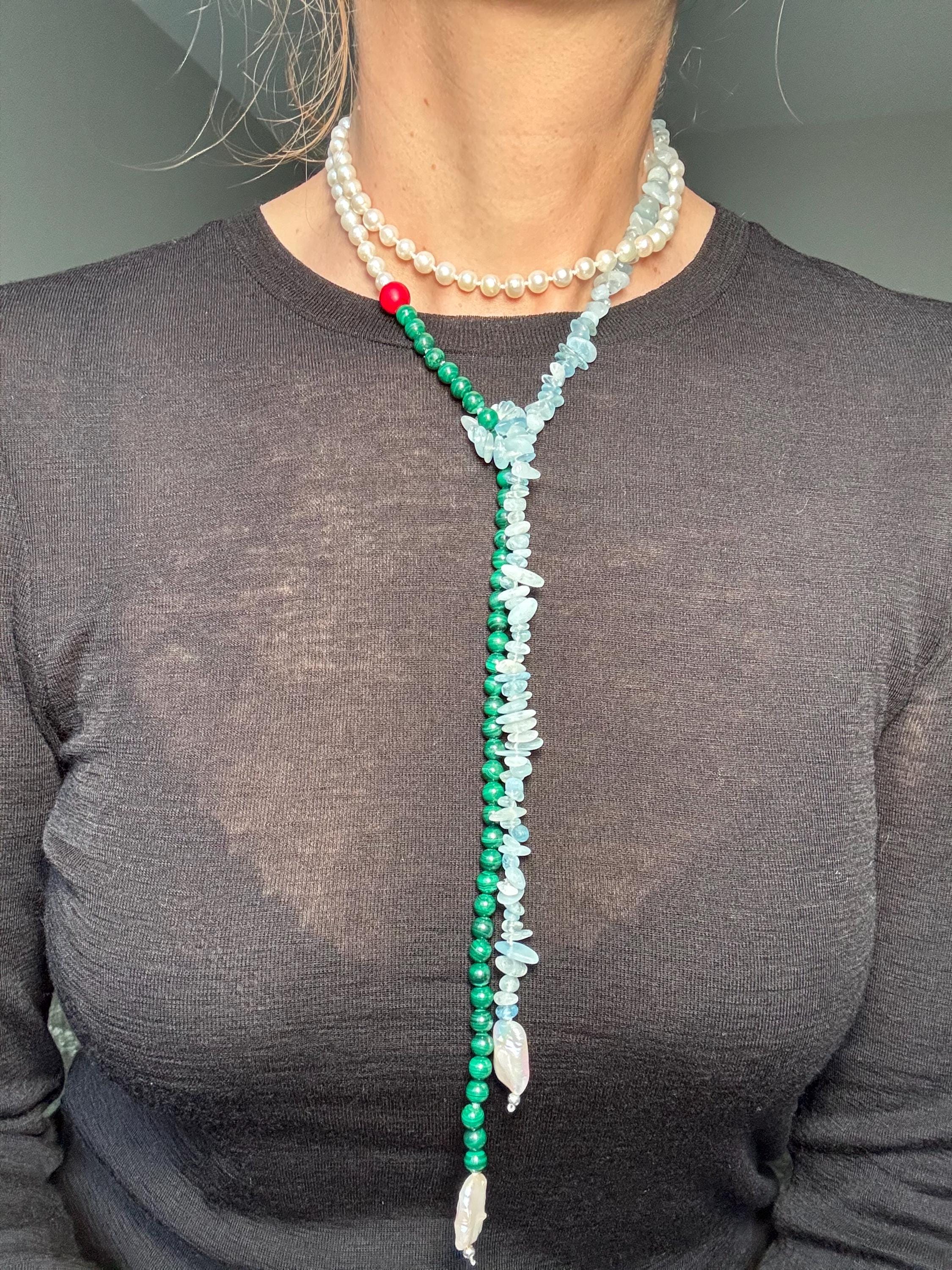 Pearl Malachite Aquamarine Coral Necklace
