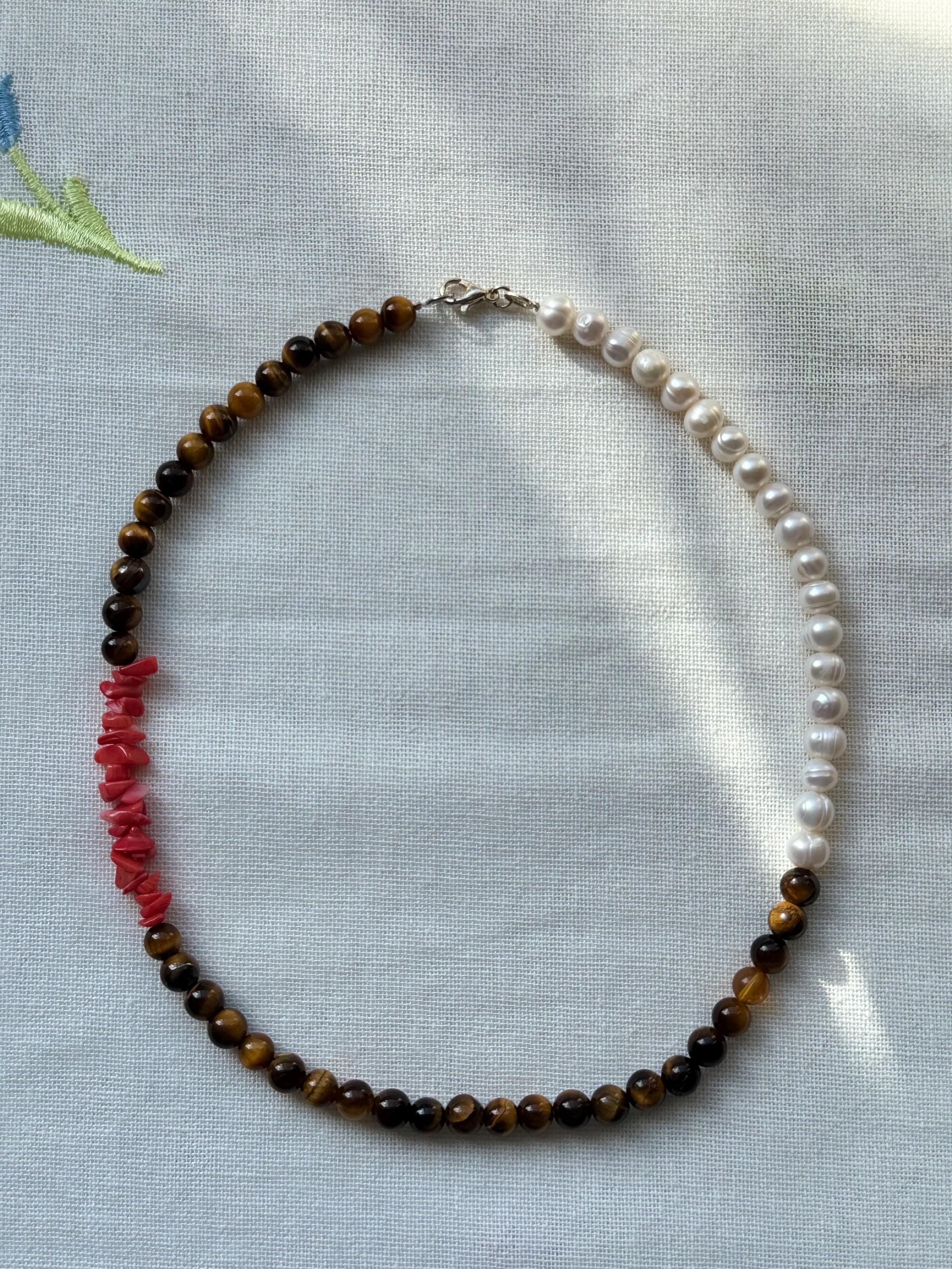 Tiger's Eye, Coral  Pearl Necklace