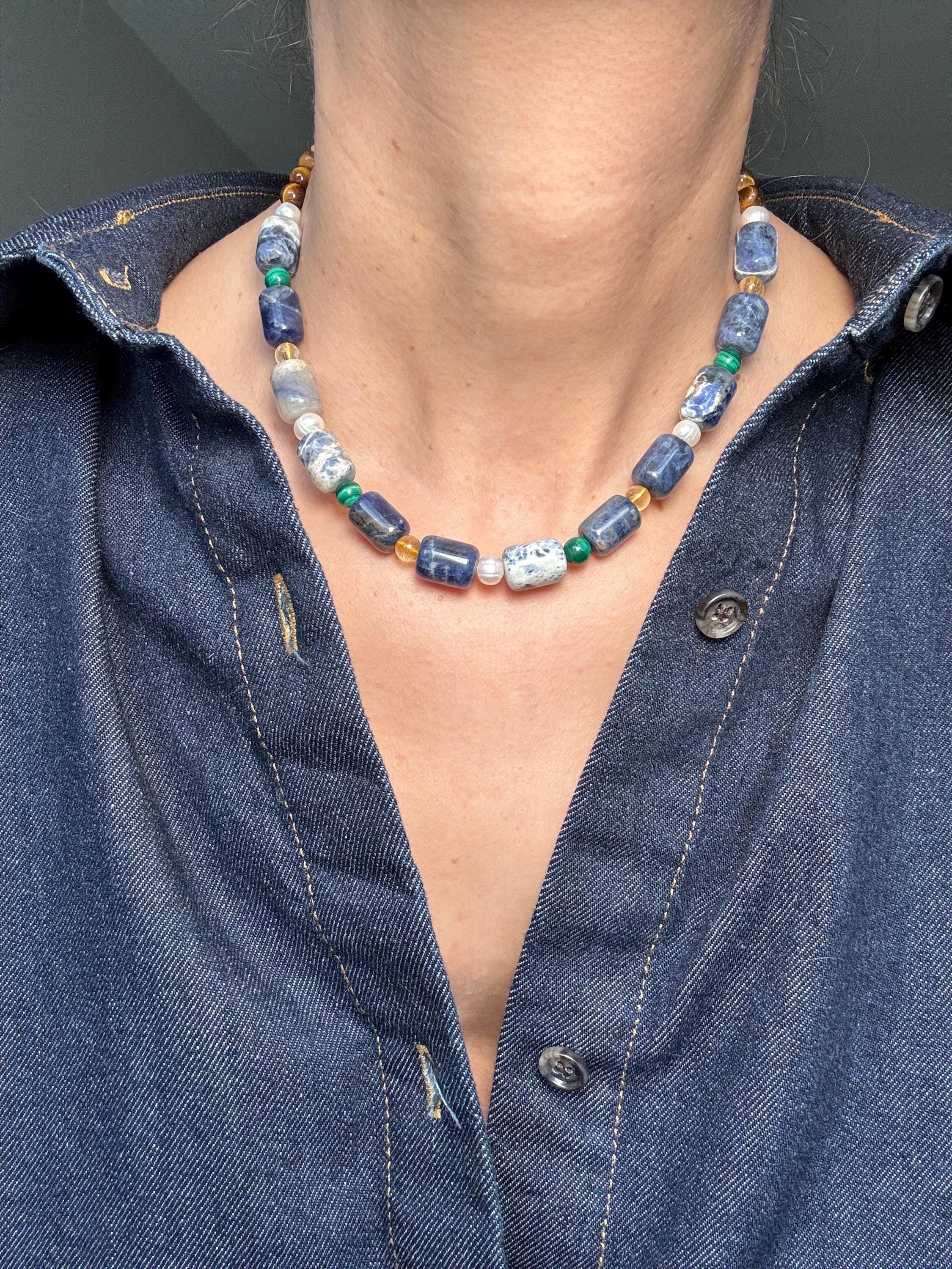 Five Stone Gemstone Necklace: Sodalite, Tiger's Eye, Pearl, Citrine, Malachite