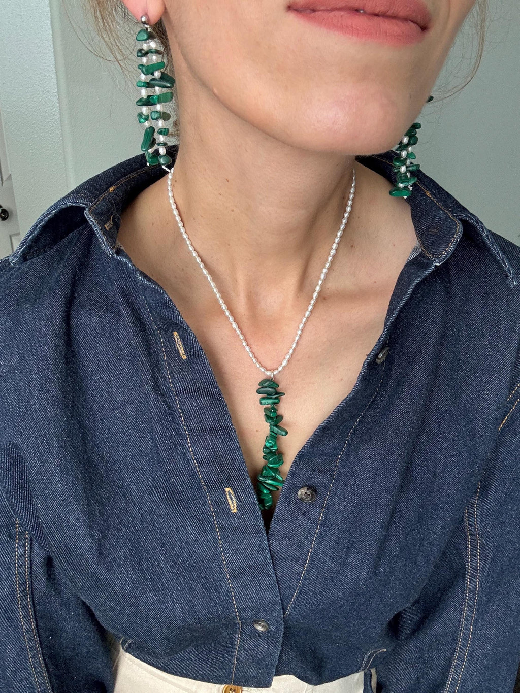 Malachite Pearl Drop Earrings