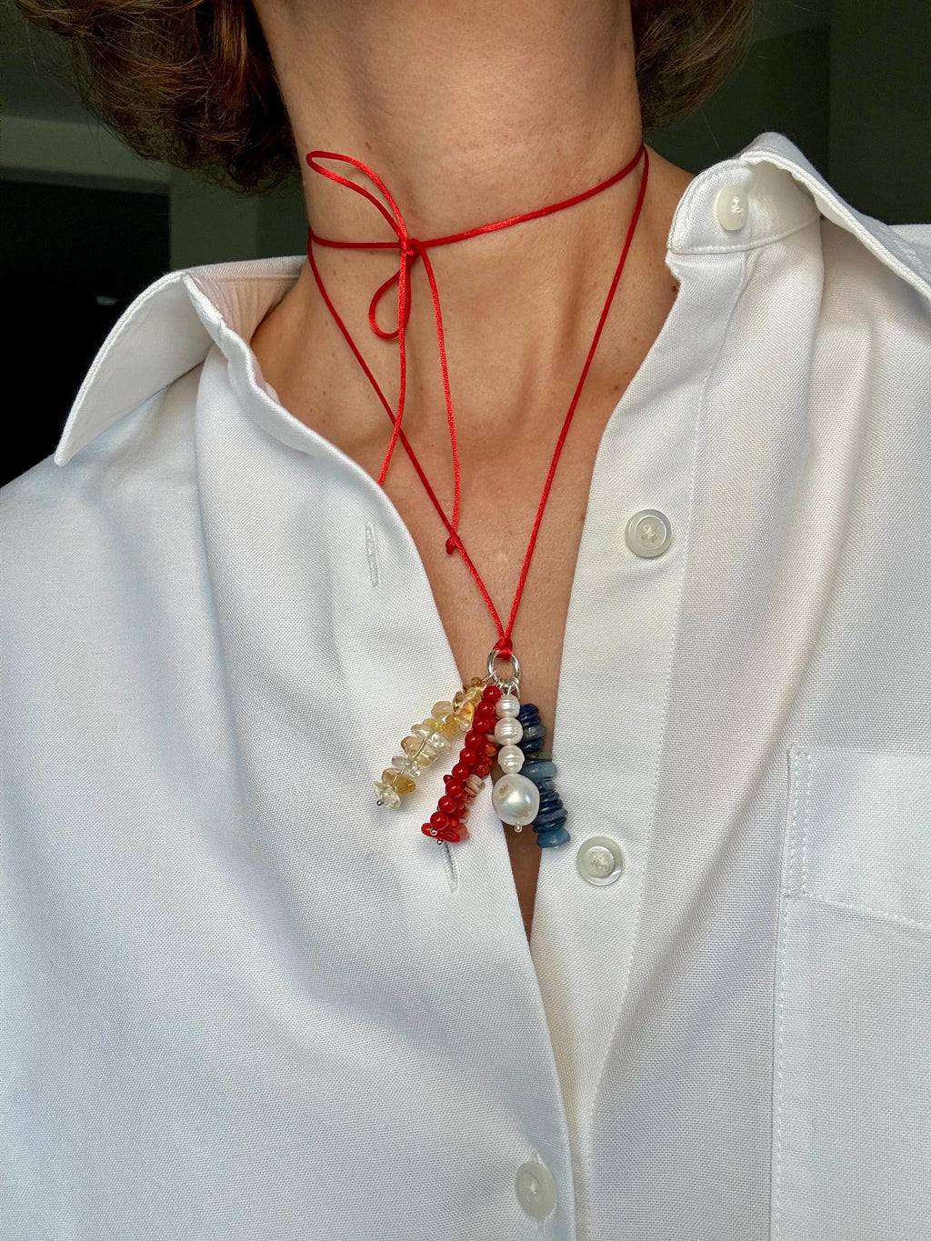 Red Silk Necklace with Mixed Gemstone Charms