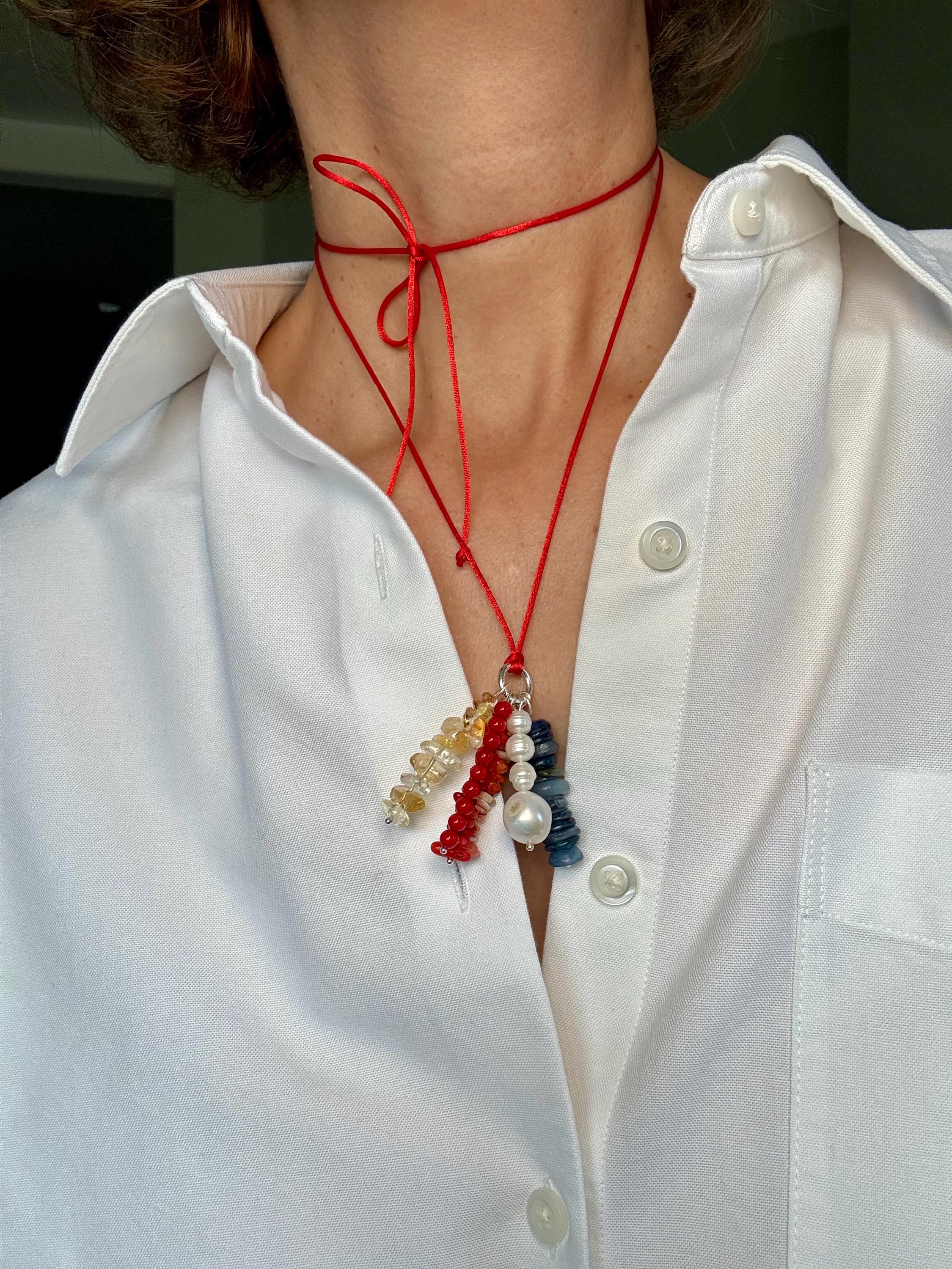 Red Silk Necklace with Mixed Gemstone Charms