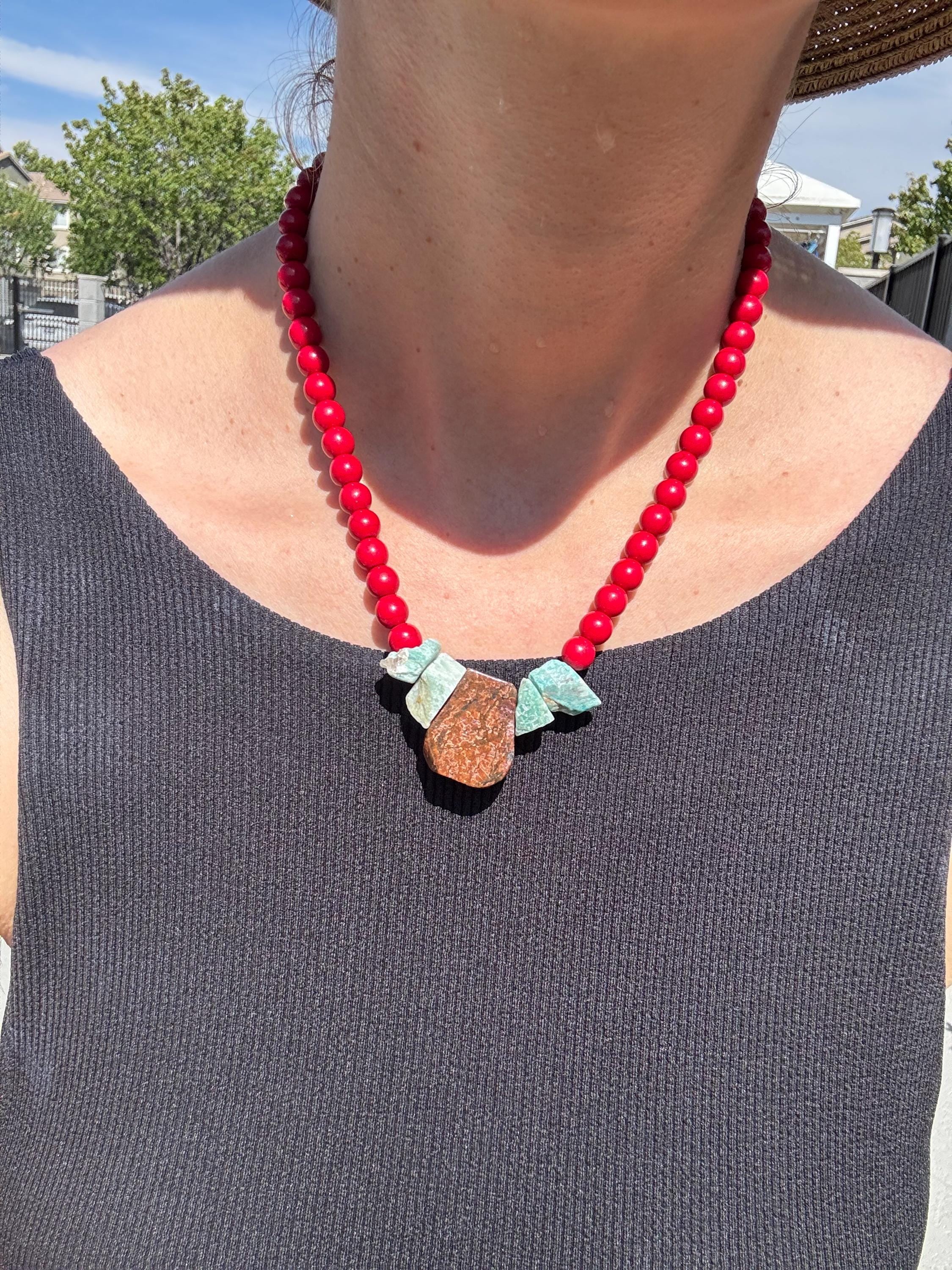 Raw Chrysoprase, Amazonite & Red Howlite Necklace