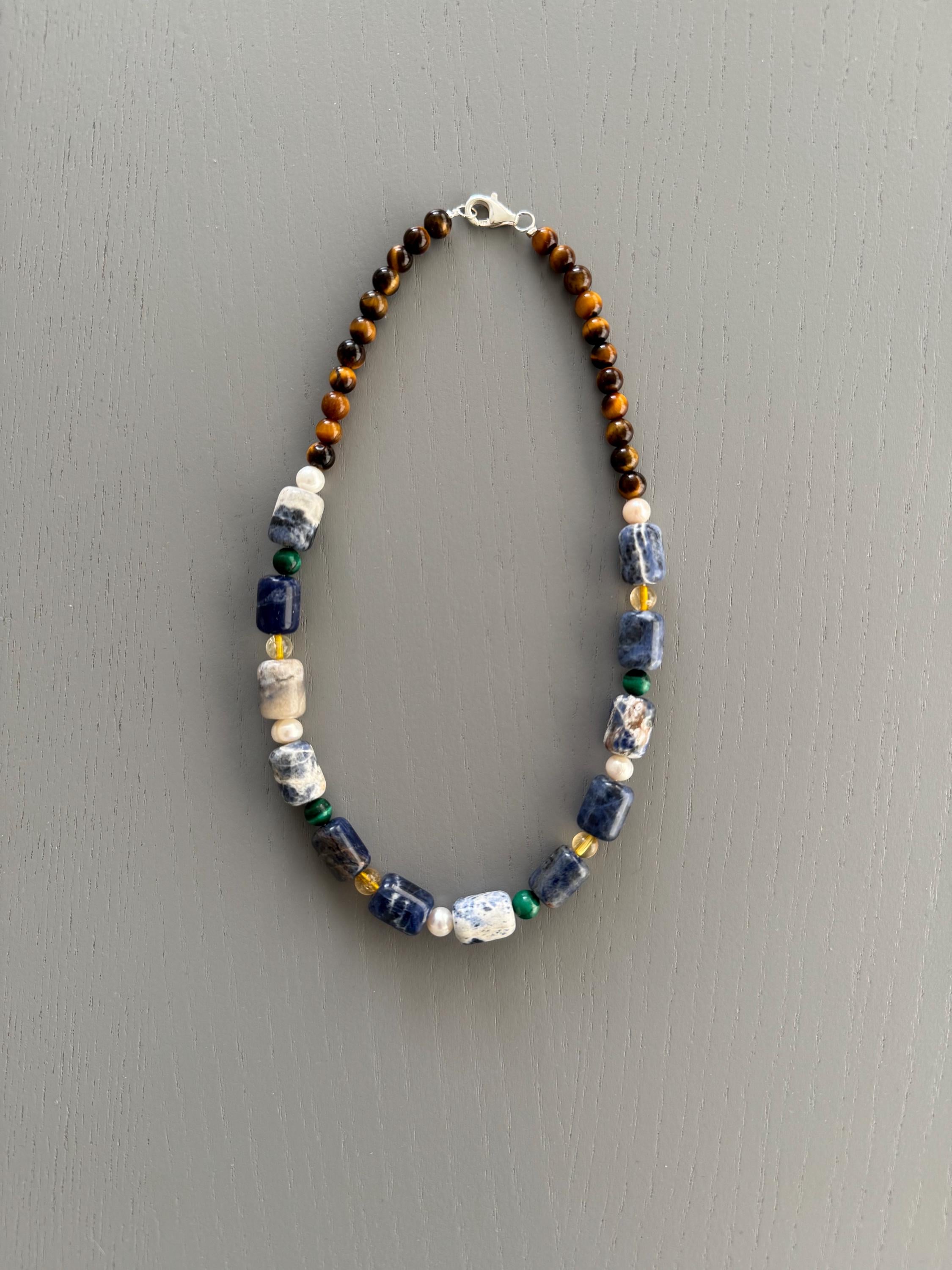 Five Stone Gemstone Necklace: Sodalite, Tiger's Eye, Pearl, Citrine, Malachite
