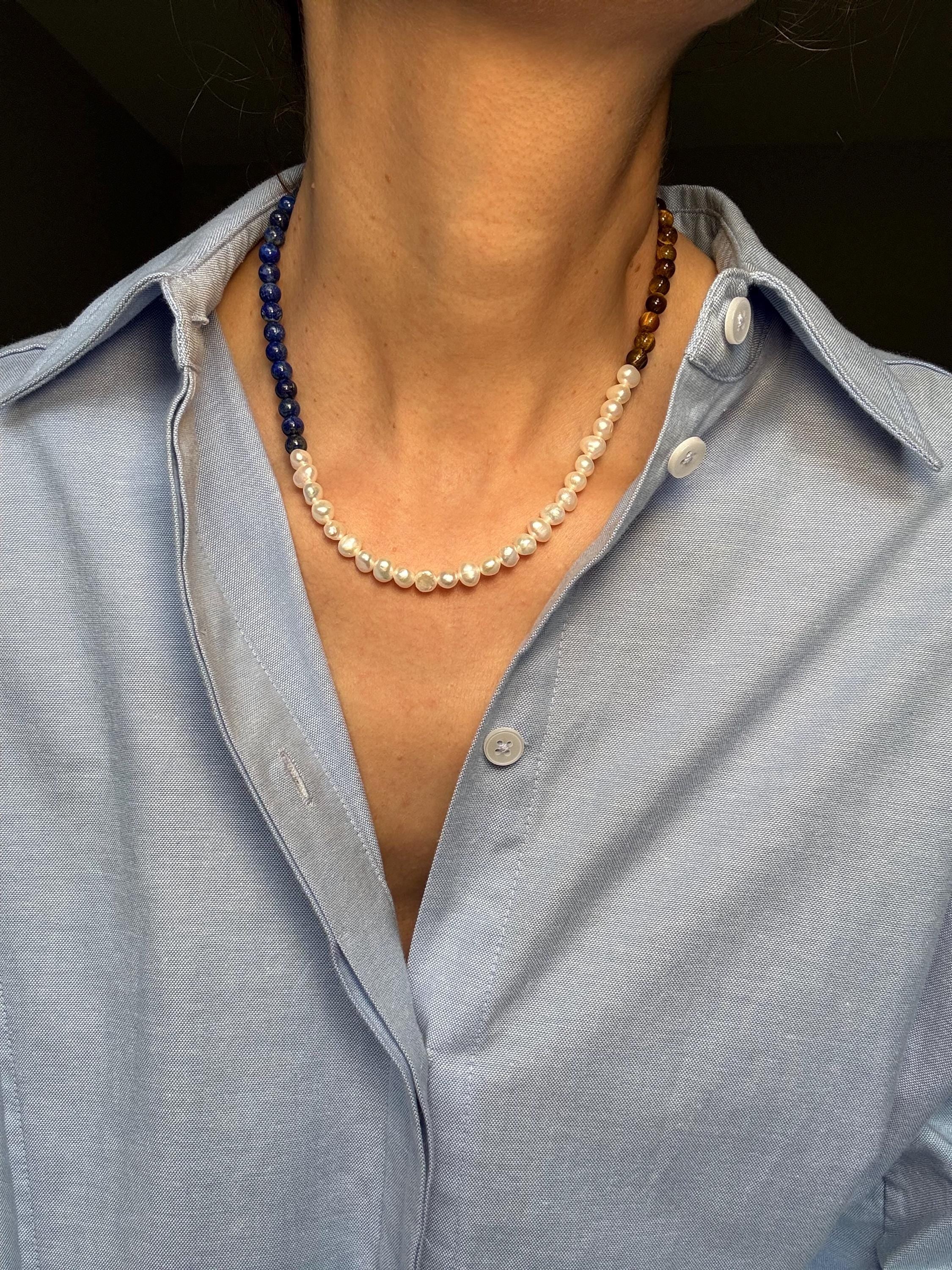 Lapis Lazuli Tiger's Eye Pearl Necklace