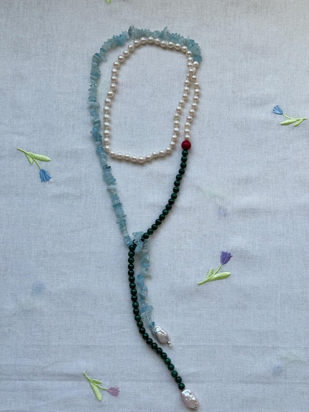 Pearl Malachite Aquamarine Coral Necklace
