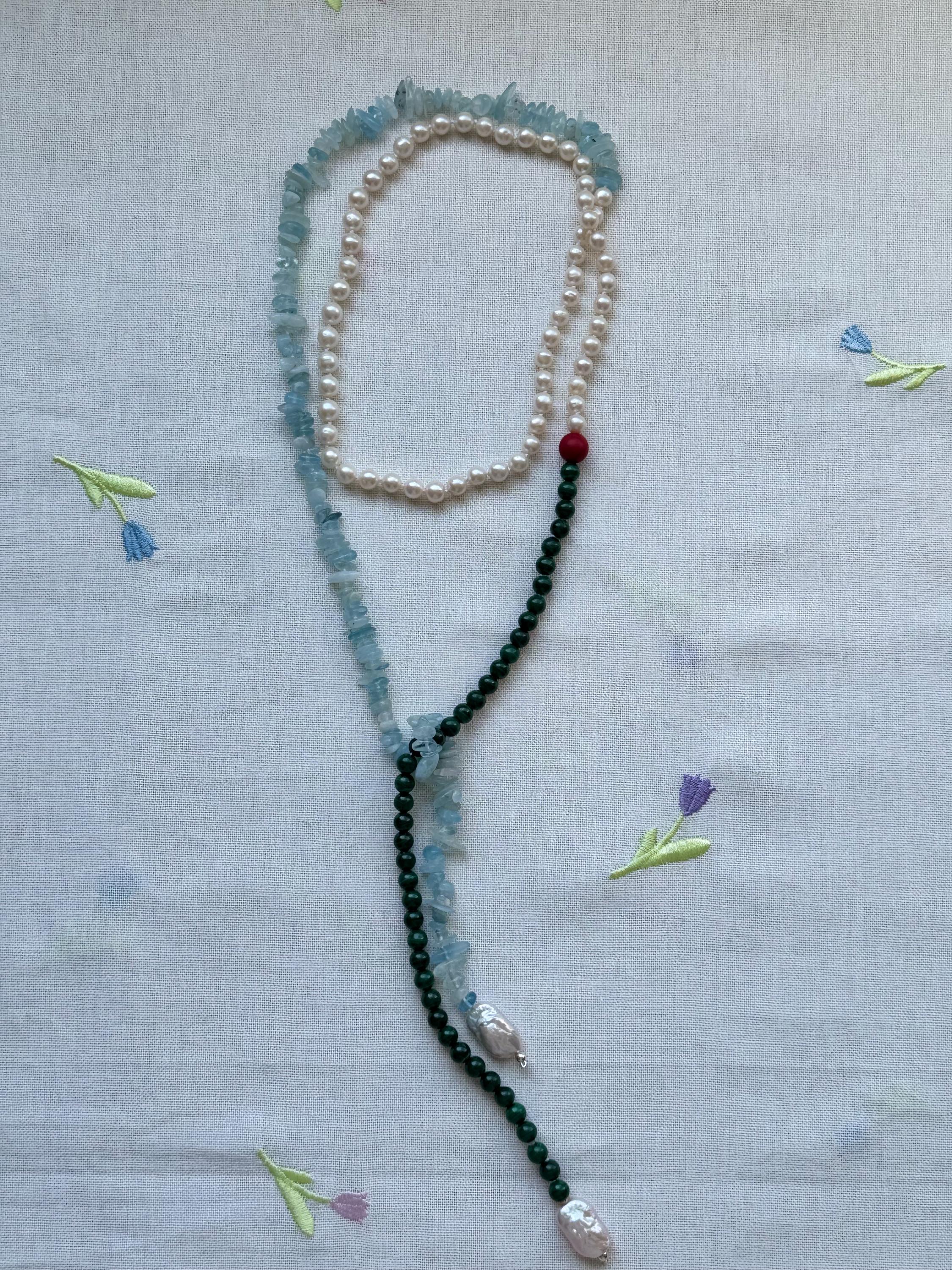 Pearl Malachite Aquamarine Coral Necklace