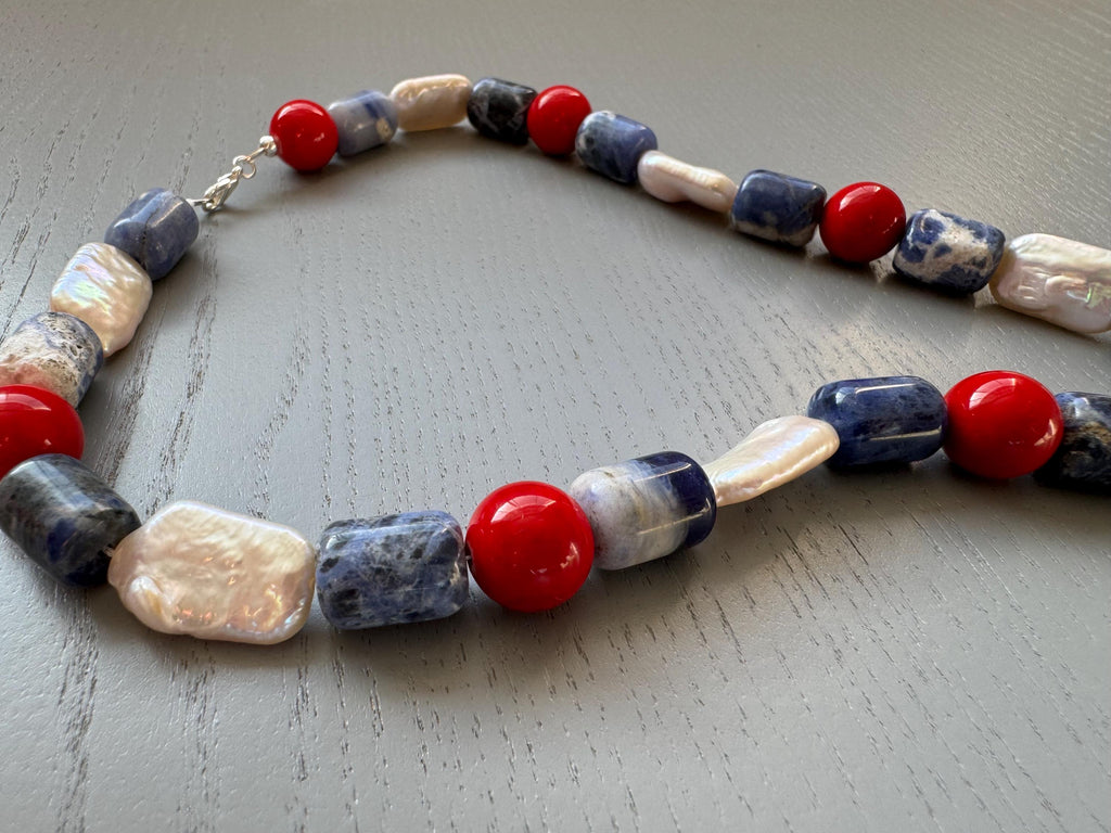 Sodalite Coral Baroque Pearl Necklace