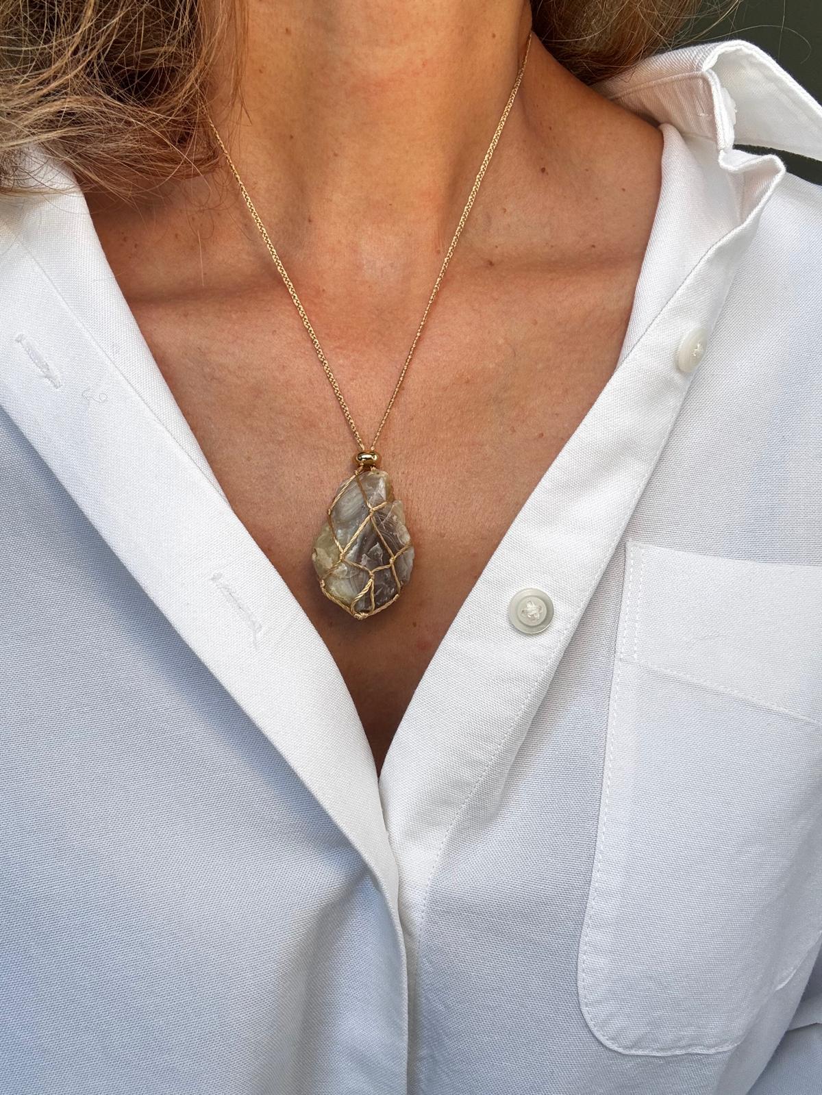The pendant worn at a shorter setting, sitting just below the collarbone