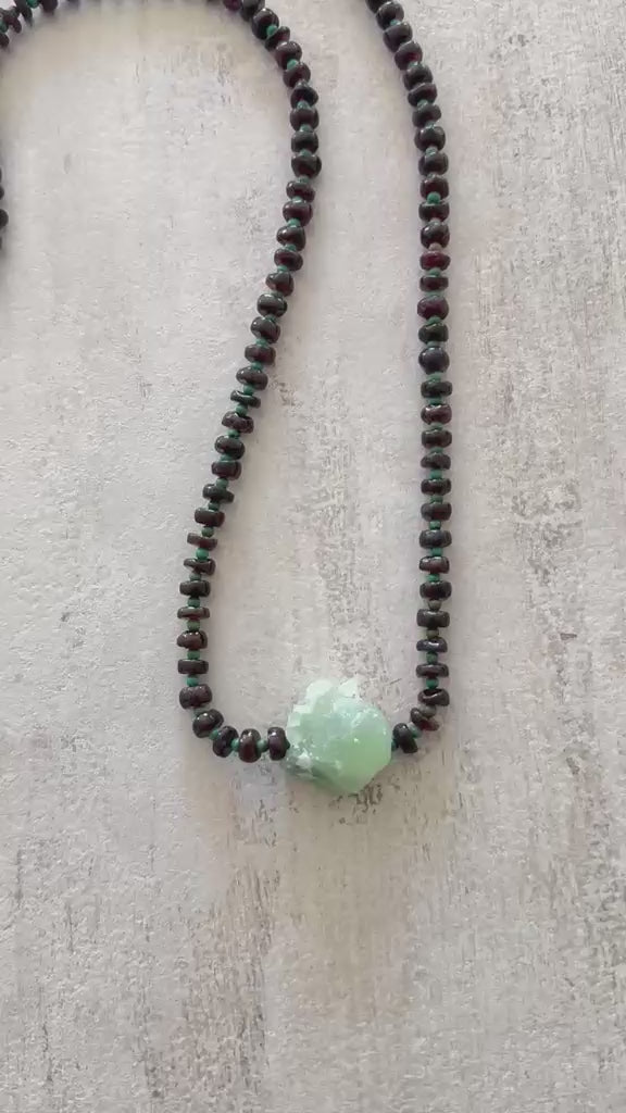 Rosehip · No. 067 — Garnet, green turquoise & raw prehnite