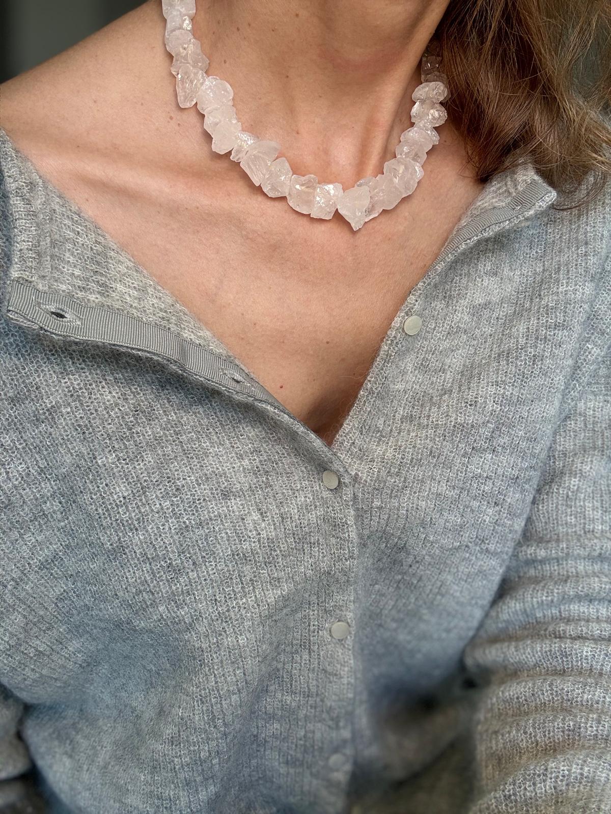 The same necklace worn as a plain collar with the drop removed, rough quartz sitting close at the throat