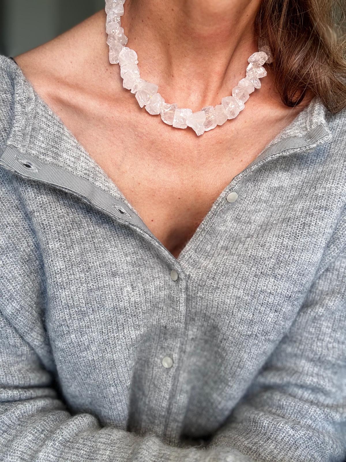 Close view of the collar worn plain, every quartz chunk a different broken shape